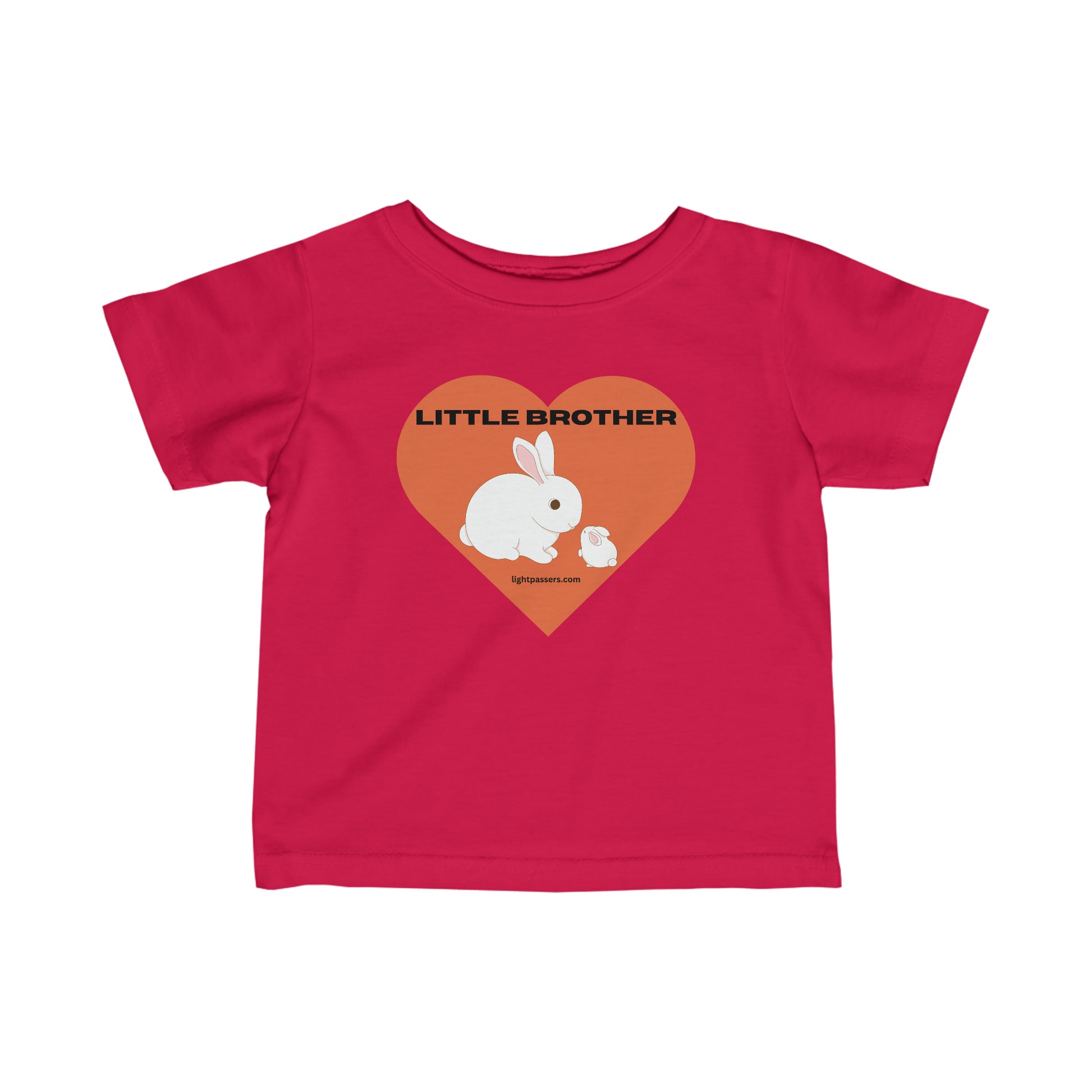 A baby t-shirt featuring a pink fabric with a white rabbit and heart design. Infant fine jersey tee with side seams, ribbed knitting, and taped shoulders for durability and comfort.
