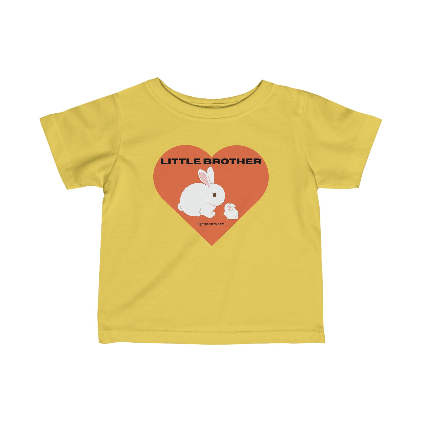 Little Brother Baby T-shirt featuring a yellow shirt with a rabbit and heart design. Infant tee with side seams, ribbed knitting, and taped shoulders for comfort and durability.