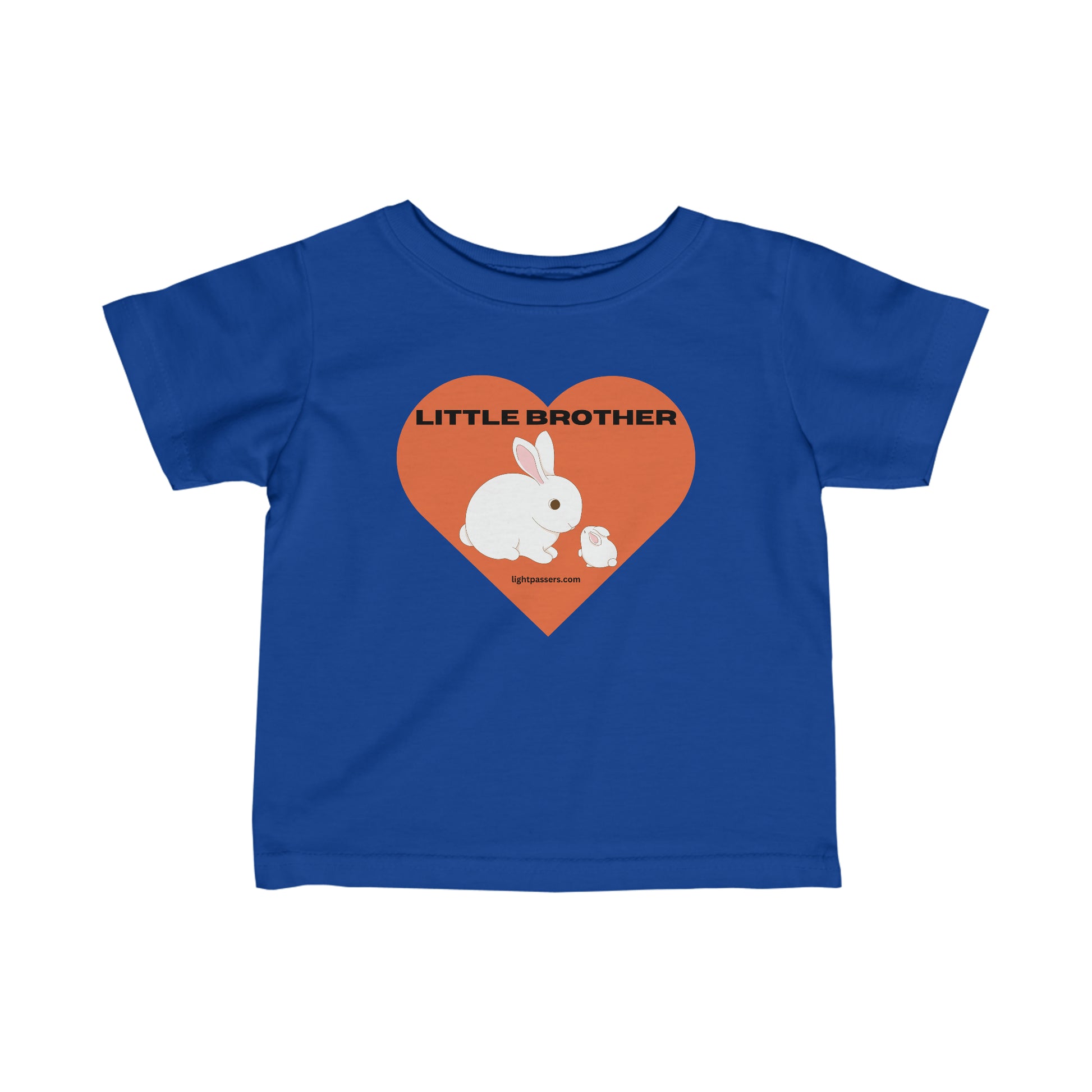 Little Brother Baby T-shirt featuring a white rabbit and heart design on a blue shirt. Infant fine jersey tee with side seams, ribbed knitting, and taped shoulders for durability and comfort.