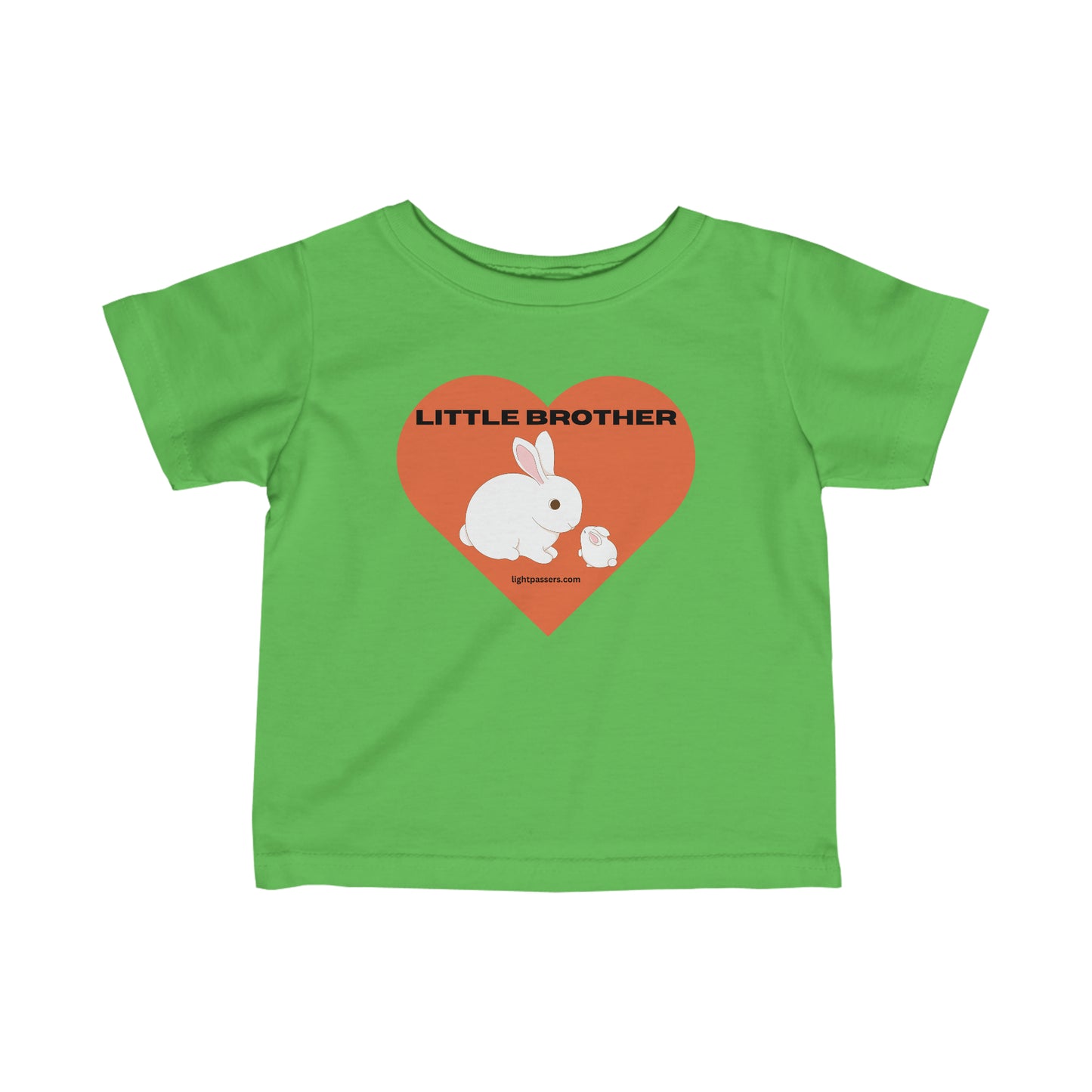 A green infant tee with a white rabbit and heart design. Side seams, ribbed knitting, and taped shoulders for durability and comfort. 100% combed ringspun cotton, light fabric, classic fit.