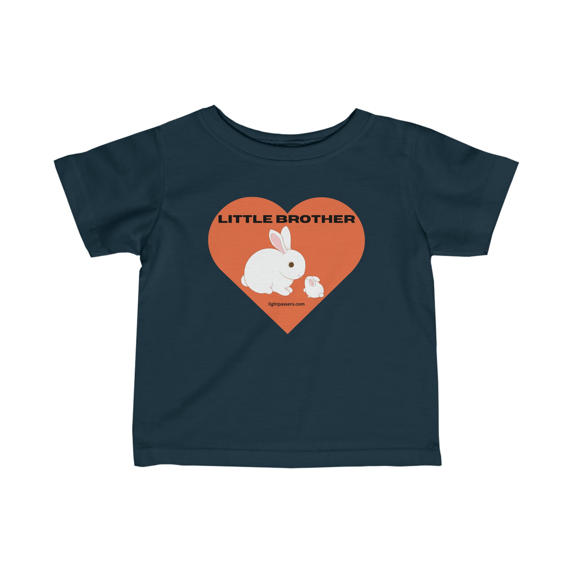 A Little Brother Baby T-shirt with a white rabbit and heart design on blue fabric. Infant tee with side seams, ribbed knitting, and taped shoulders for durability and comfort.