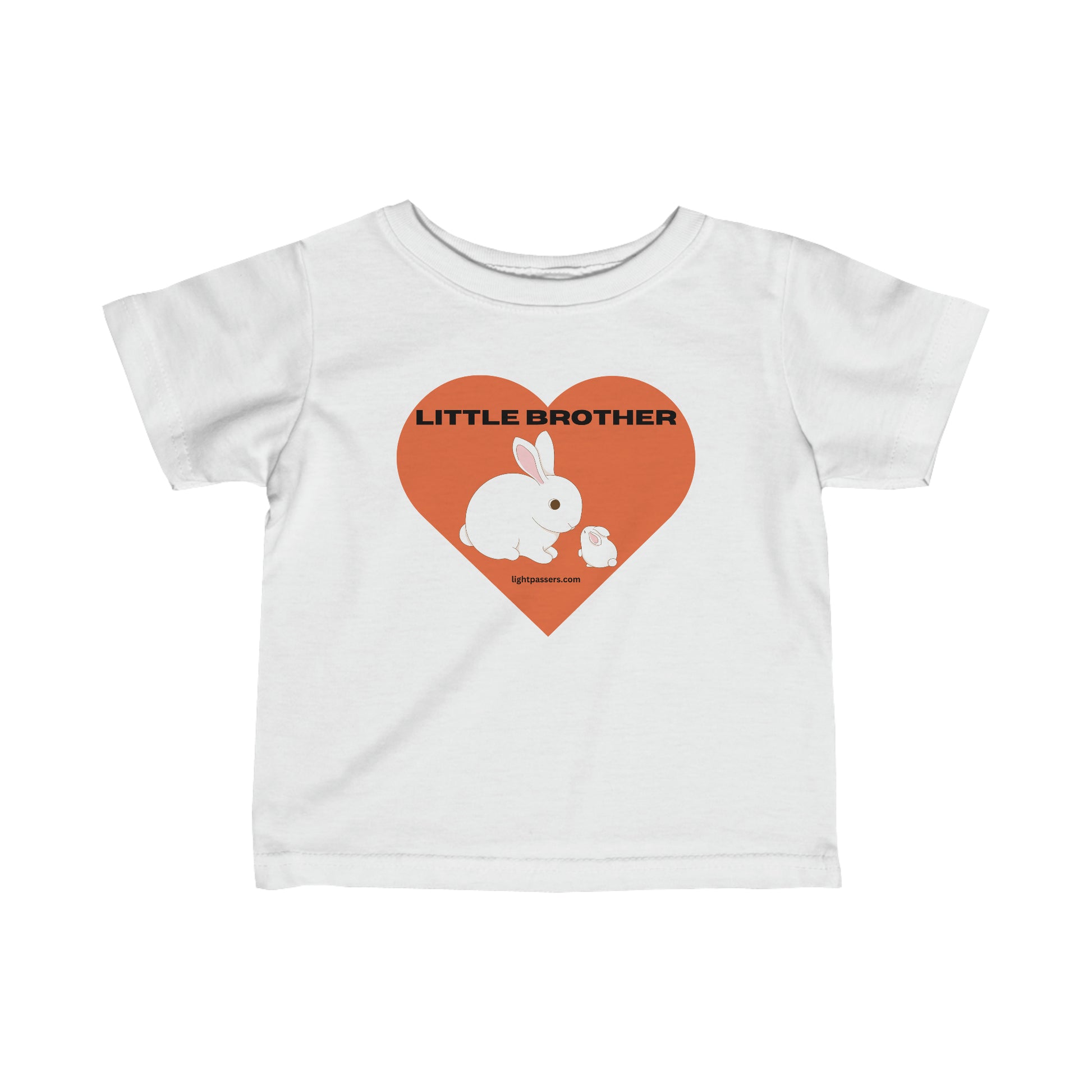 A white baby t-shirt featuring a rabbit and heart design, with side seams for shape support, ribbed knitting for durability, and taped shoulders for a comfy fit.