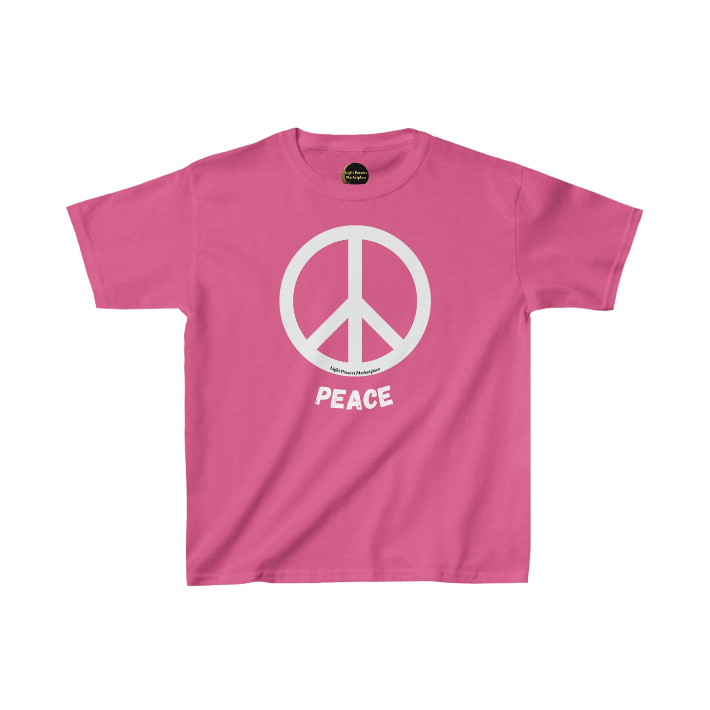 Youth T-shirt featuring a peace sign in white on a pink background. Made of 100% cotton, with twill tape shoulders for durability and ribbed collar for curl resistance. Ethically sourced US cotton.