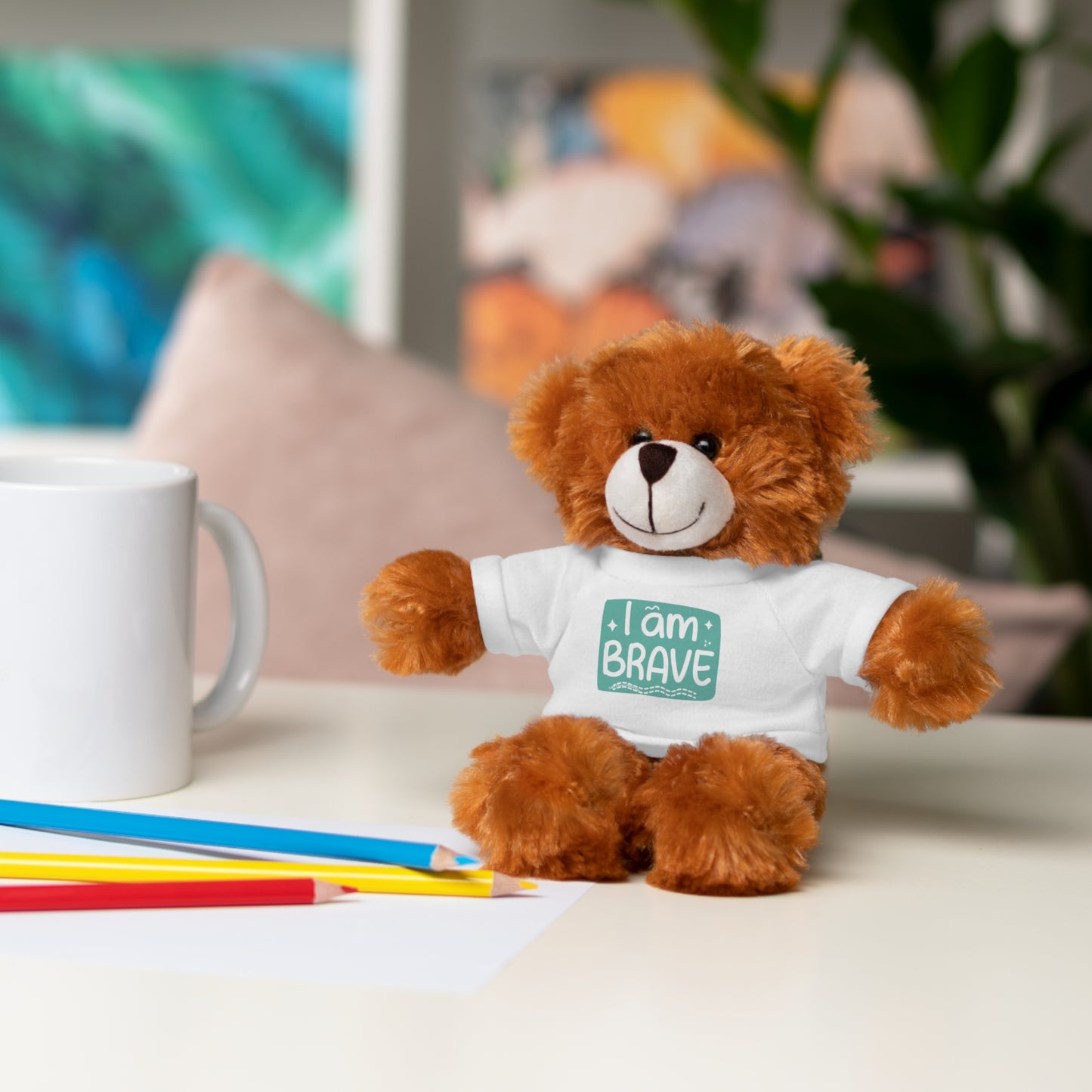 Cool Stuff Stuffies teddy bear with a removable white shirt, featuring “I am Brave” message, perfect for cuddling and customization.