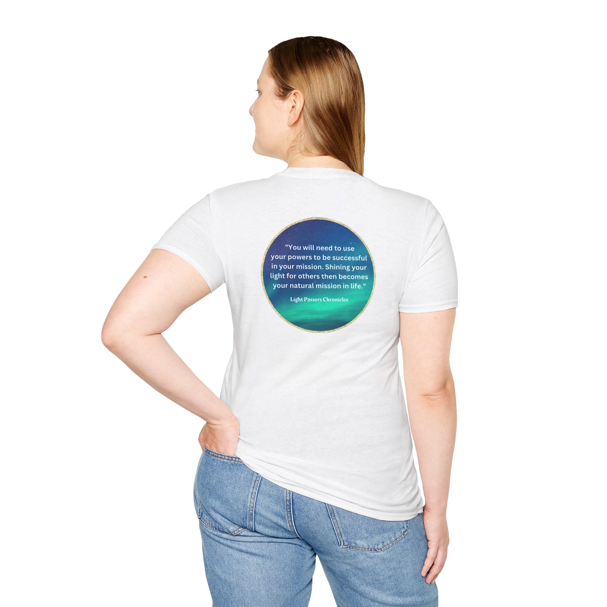 Unisex heavy cotton tee featuring a turquoise circle design on the back. Smooth surface for vibrant printing, no side seams, tape on shoulders for durability. Classic fit in 100% cotton.