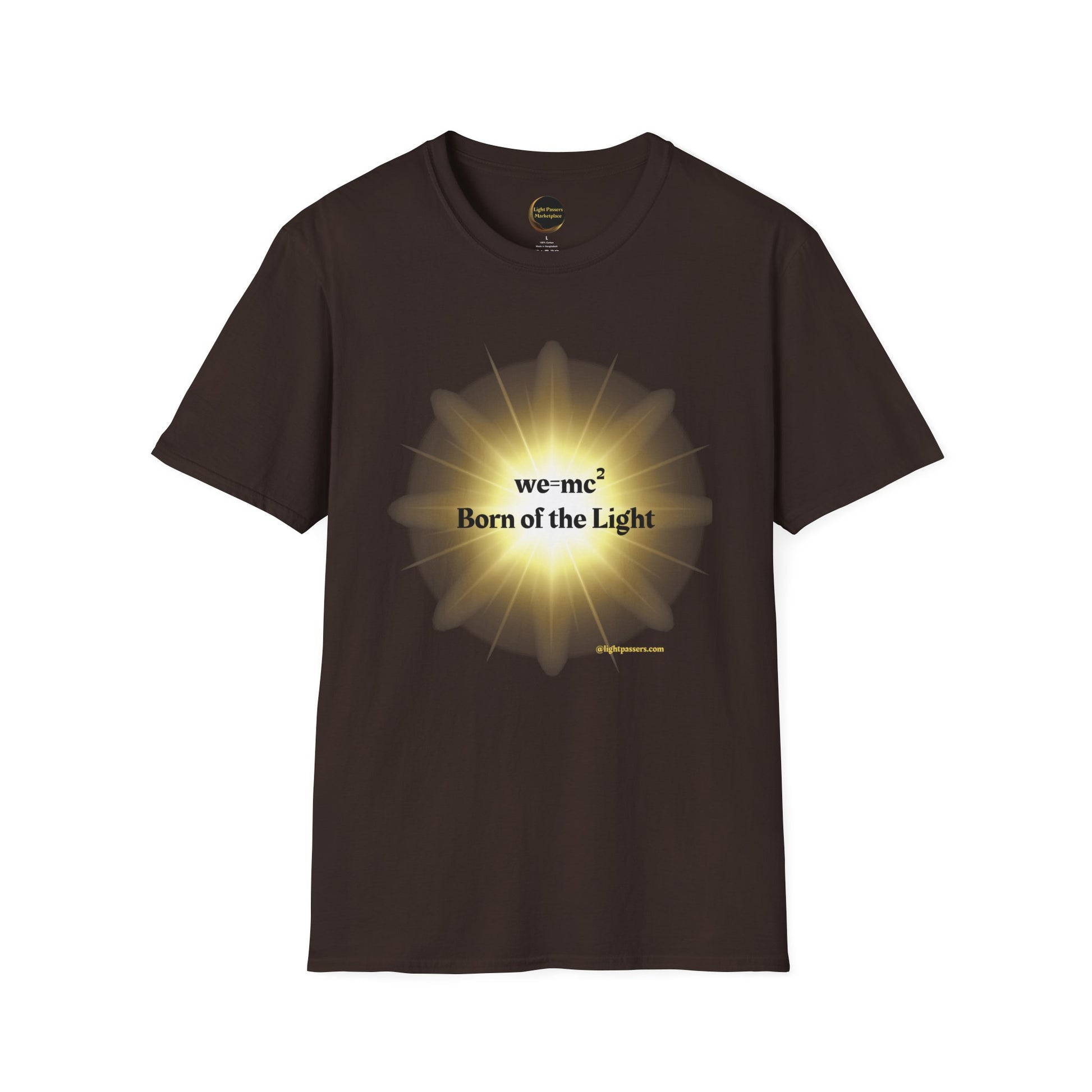 The Light 'we=mc2' Born of the Light Adult Unisex T-Shirt featuring a yellow sun graphic and inspirational science-themed design.