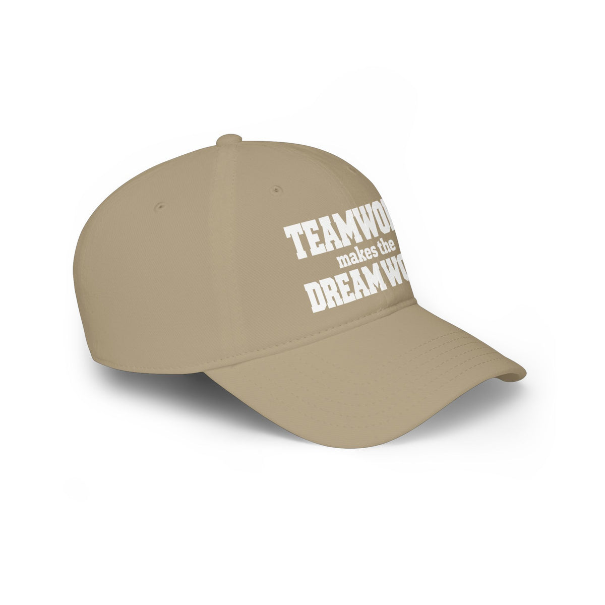 Khaki baseball cap, angled view, 'Teamwork makes the Dream Work' text graphic