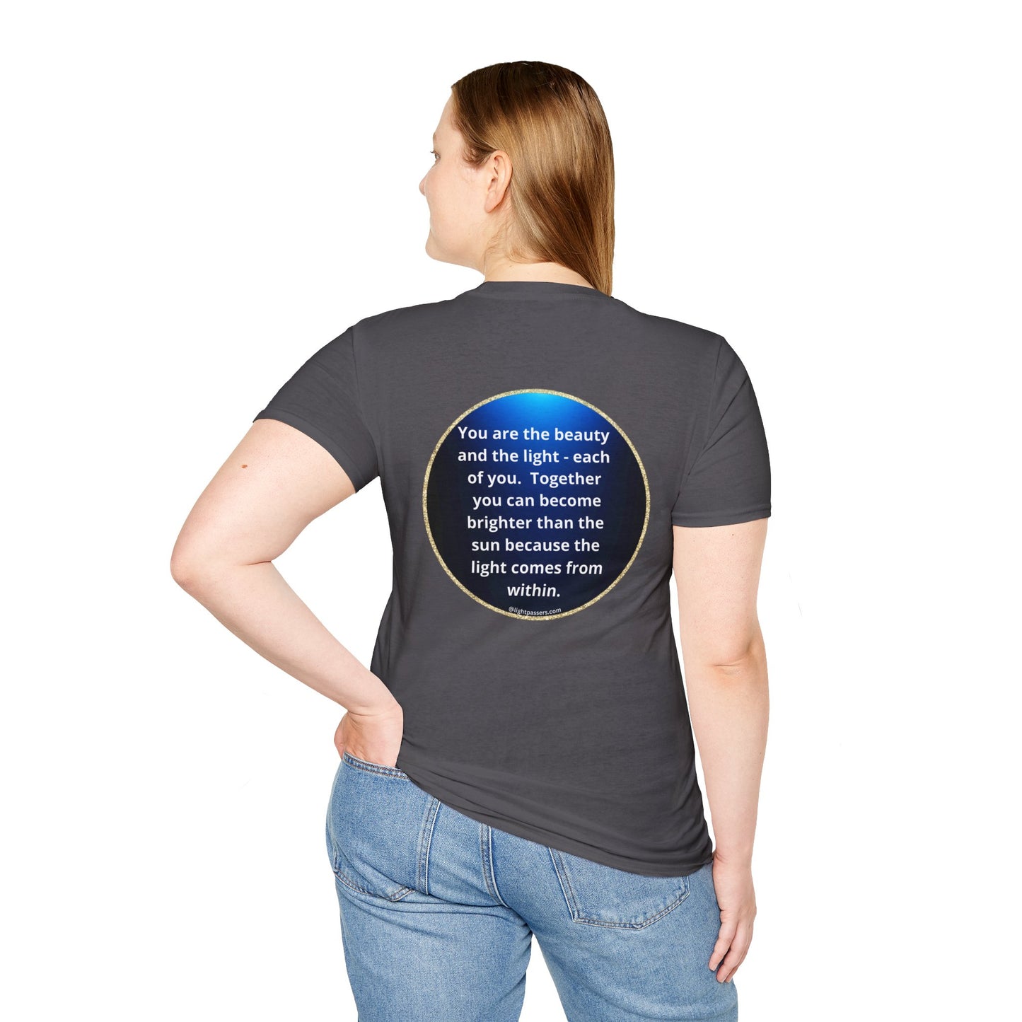 Unisex heavy cotton tee featuring a blue circle with white text, a woman in a grey shirt, and a person's butt in jeans. Classic fit, tear-away label, 100% cotton.