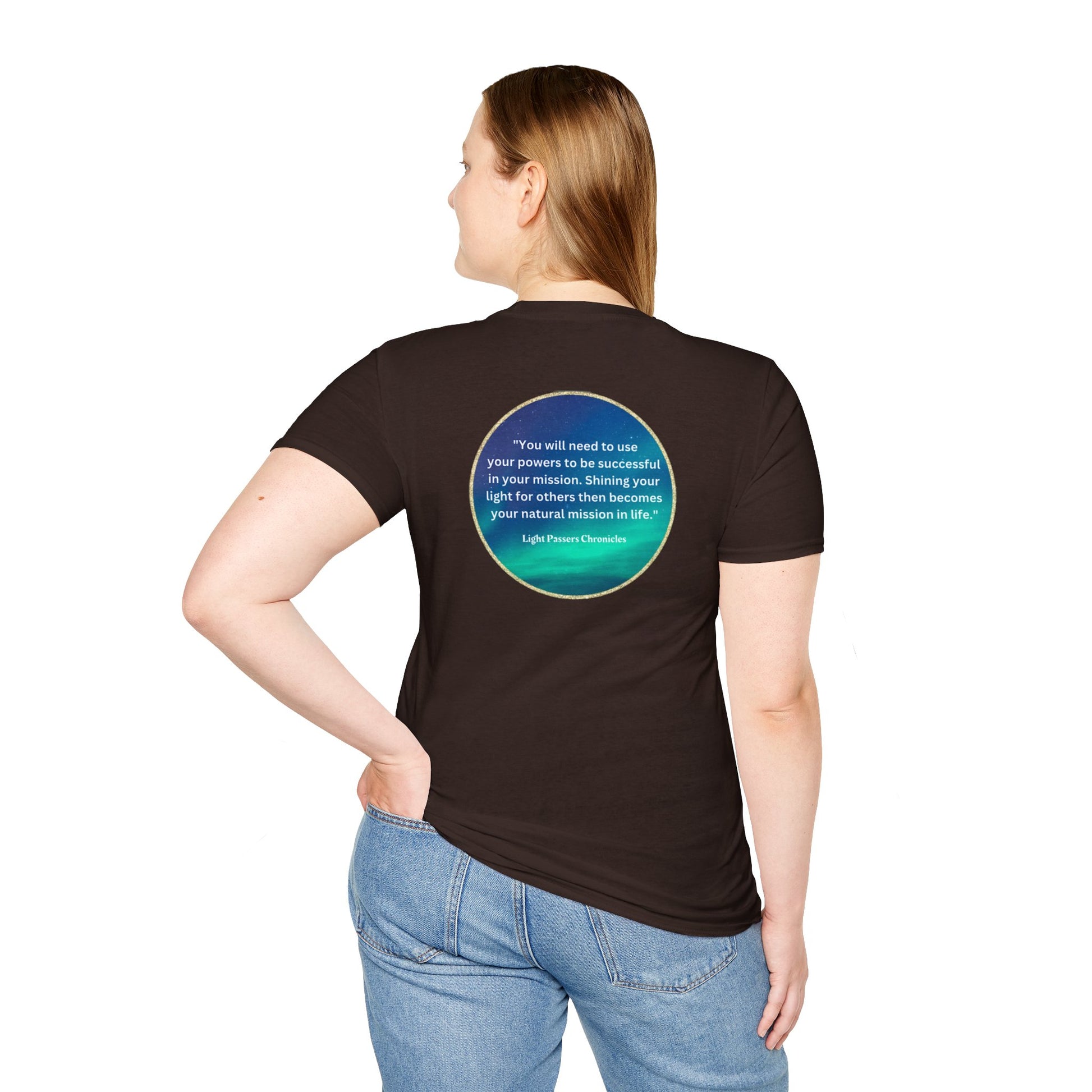 Unisex heavy cotton tee with a turquoise circle design on the back. Smooth surface for vivid printing, no side seams, and tape on shoulders for durability. Classic fit, 100% cotton.