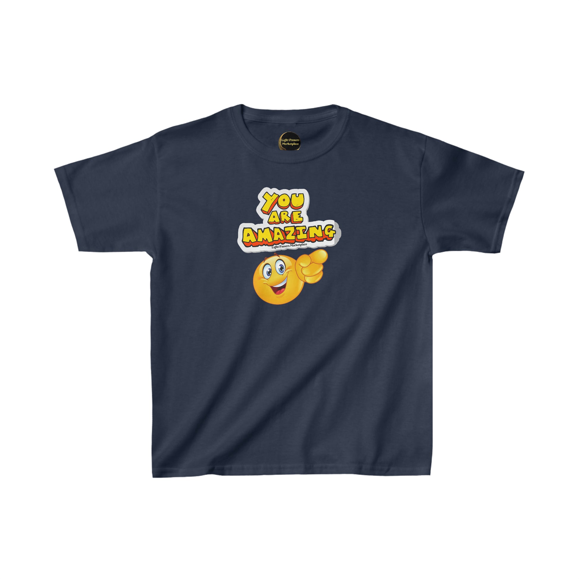 Youth t-shirt featuring a blue cartoon emoji pointing, made of 100% cotton for comfort. Ribbed collar, twill tape shoulders, tear-away label, and ethical US cotton construction.