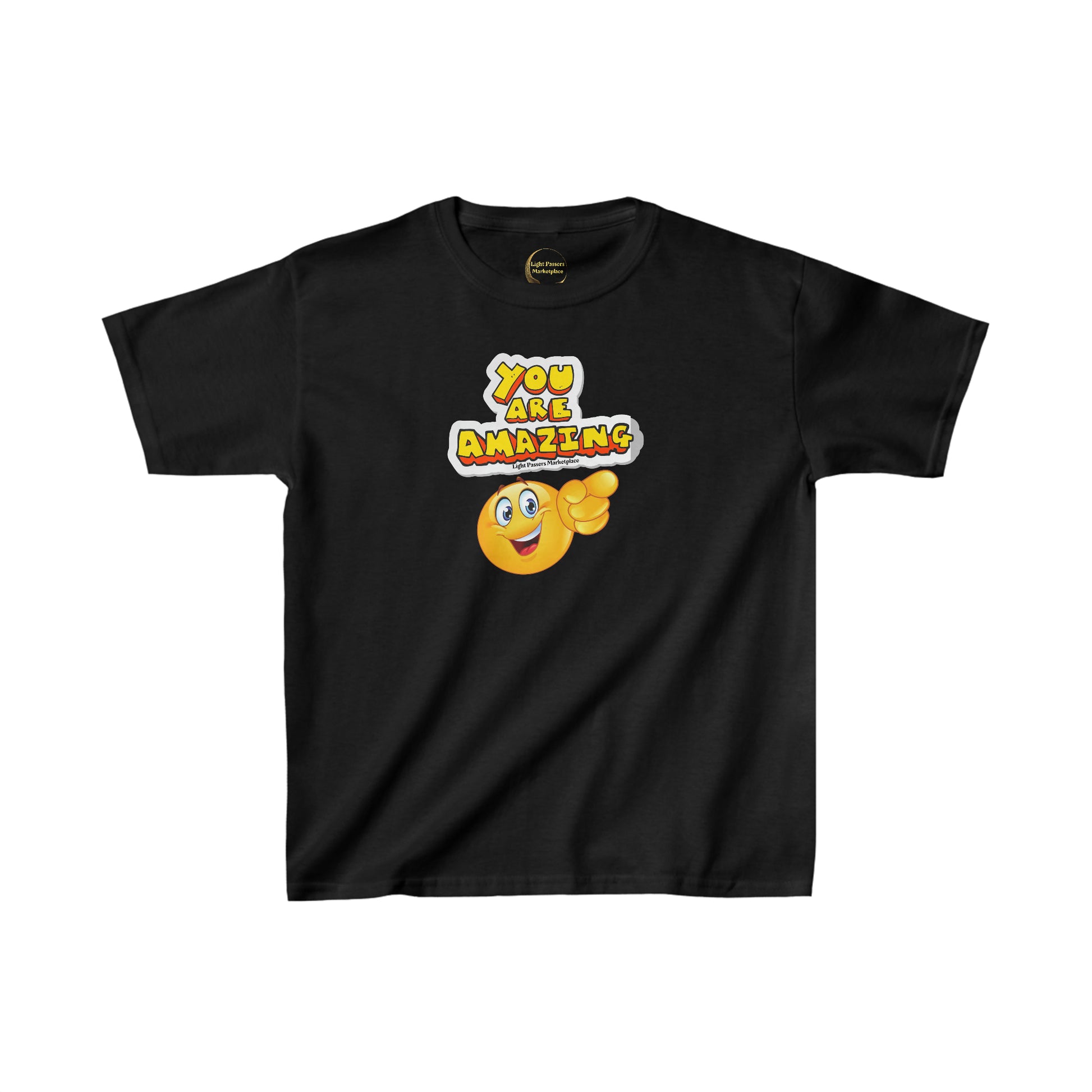 A black youth t-shirt featuring a yellow smiley face pointing, made of 100% cotton with twill tape shoulders for durability and ribbed collar for curl resistance. Ethically sourced and Oeko-Tex certified.