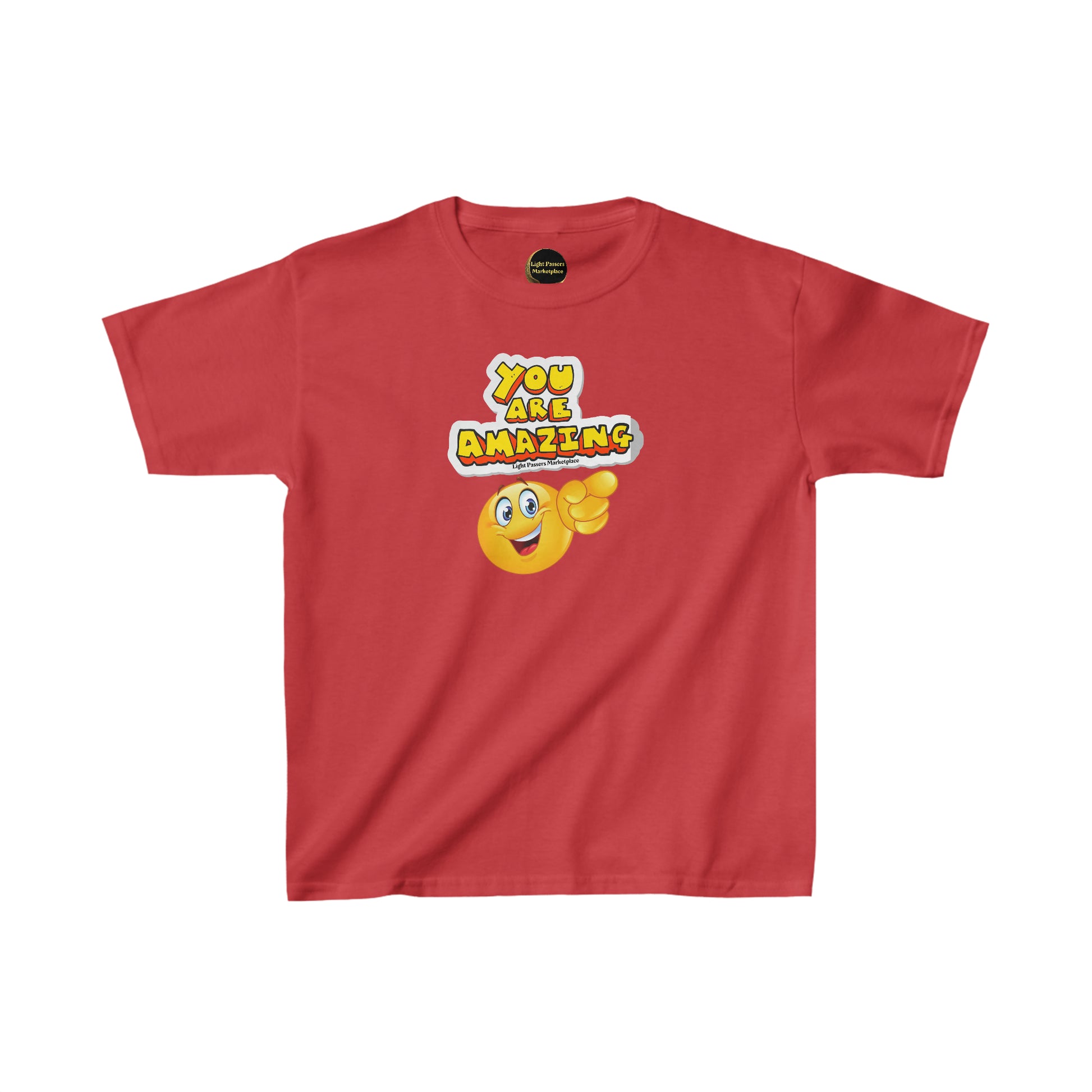 A red youth t-shirt featuring a smiley face and pointing emoji design. Made of 100% cotton with twill tape shoulders for durability and ribbed collar for curl resistance. Ethically sourced and Oeko-Tex certified.