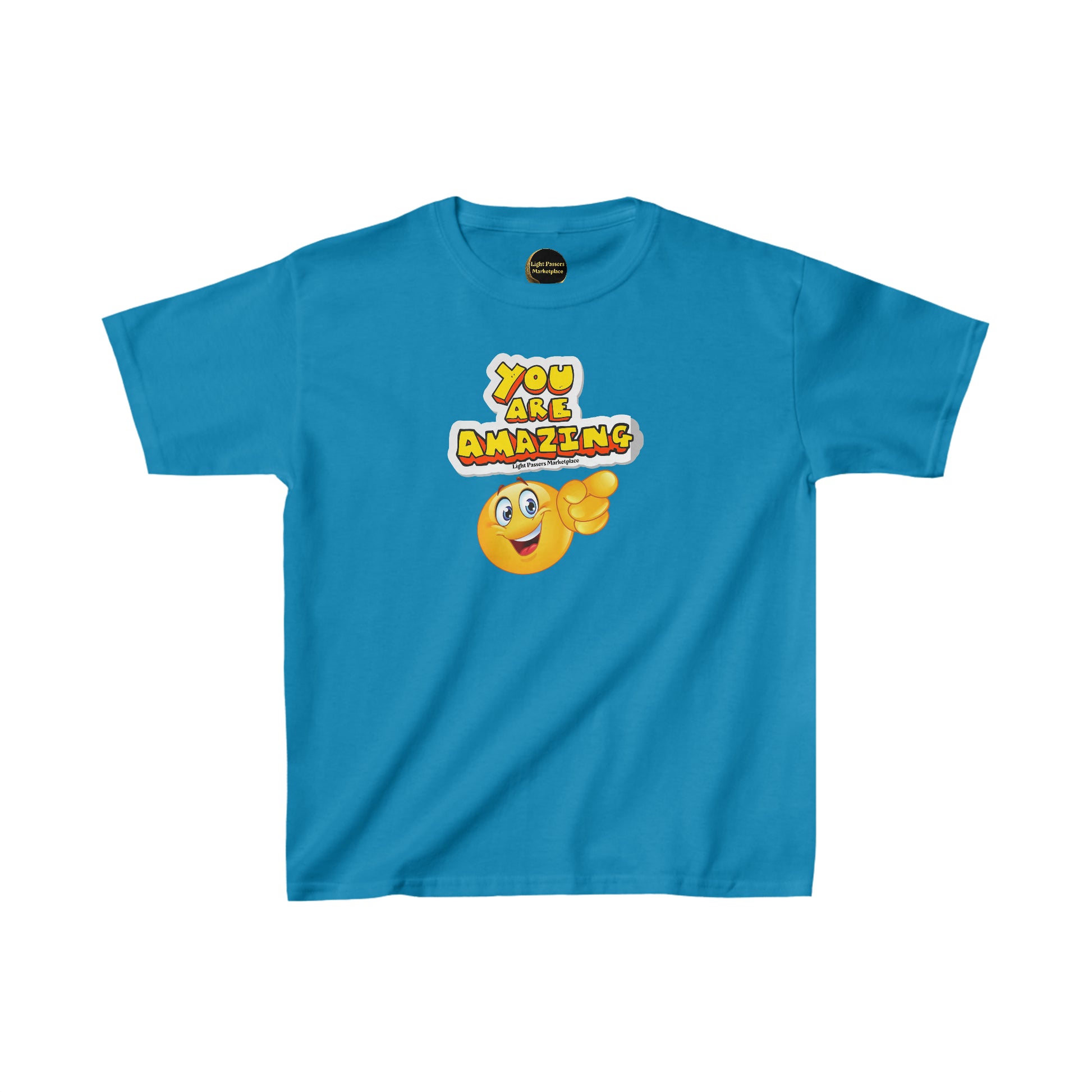 Youth blue t-shirt with a cartoon face and smiley emoji, featuring durable twill tape shoulders and curl-resistant ribbed collar. Made of 100% cotton for solid colors, with ethically sourced US cotton.