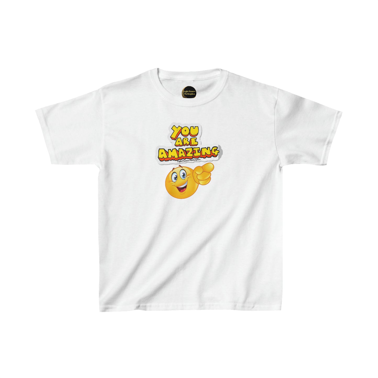 Youth white t-shirt featuring a yellow smiley face emoji pointing, made of 100% cotton for comfort and durability. Classic fit with tear-away labels for a scratch-free experience. Ethically sourced US cotton.