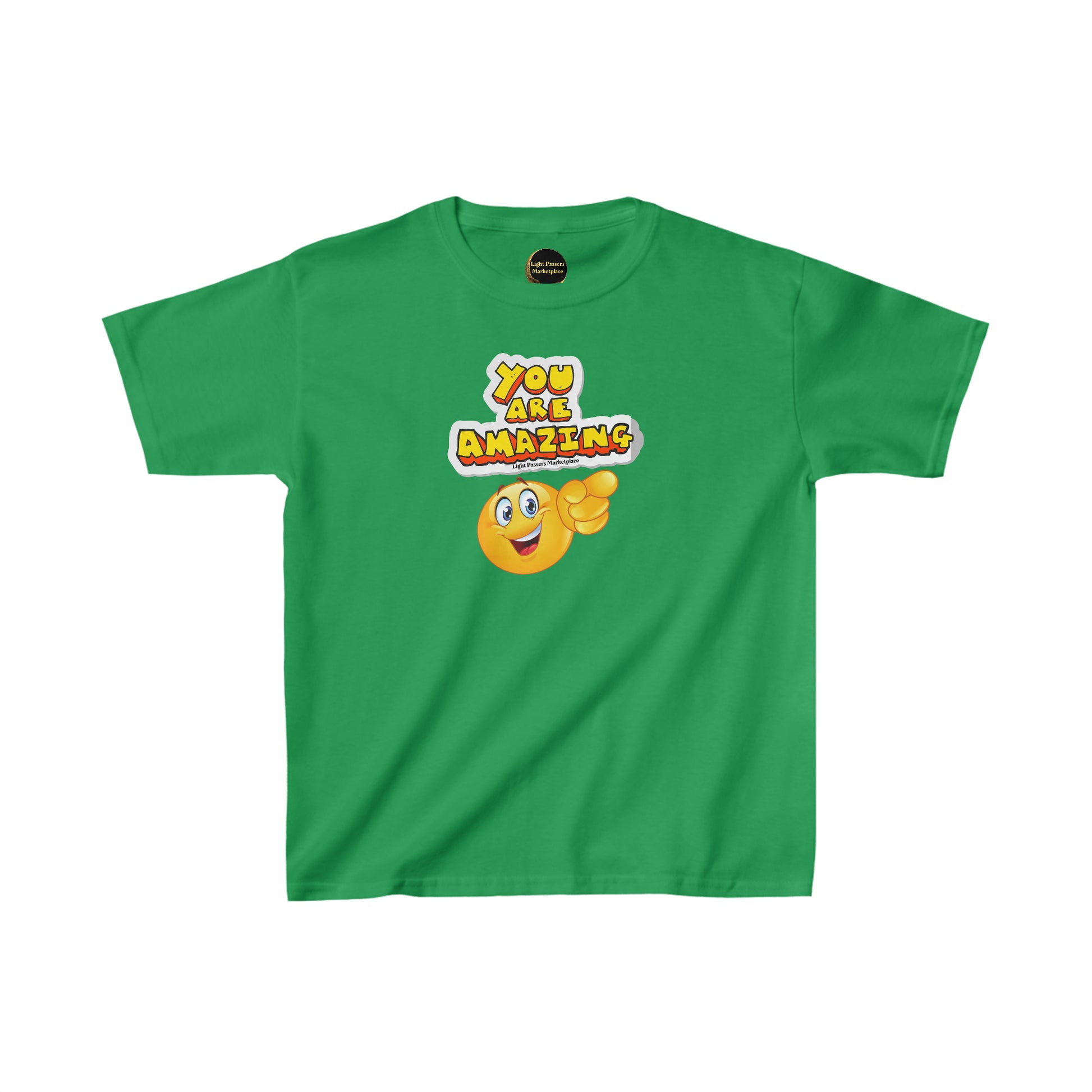 Youth t-shirt with a cartoon emoji pointing, made of 100% cotton for comfort, featuring twill tape shoulders and ribbed collar for durability. Certified by Oeko-Tex and US Cotton Trust Protocol.