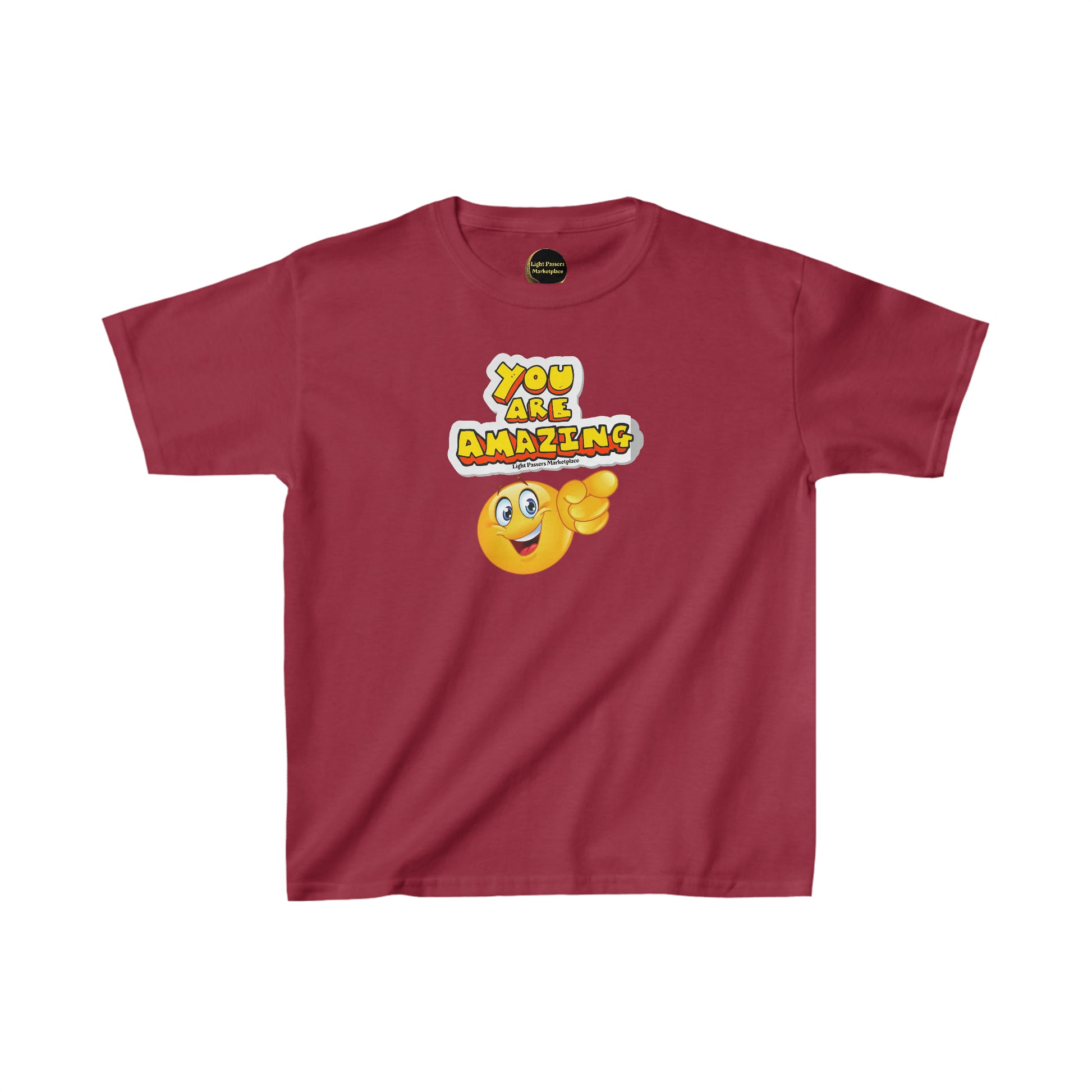 Youth red t-shirt featuring a smiley face emoji pointing, made of 100% cotton with twill tape shoulders for durability and ribbed collar for curl resistance. Ethically sourced and tear-away labels for comfort.