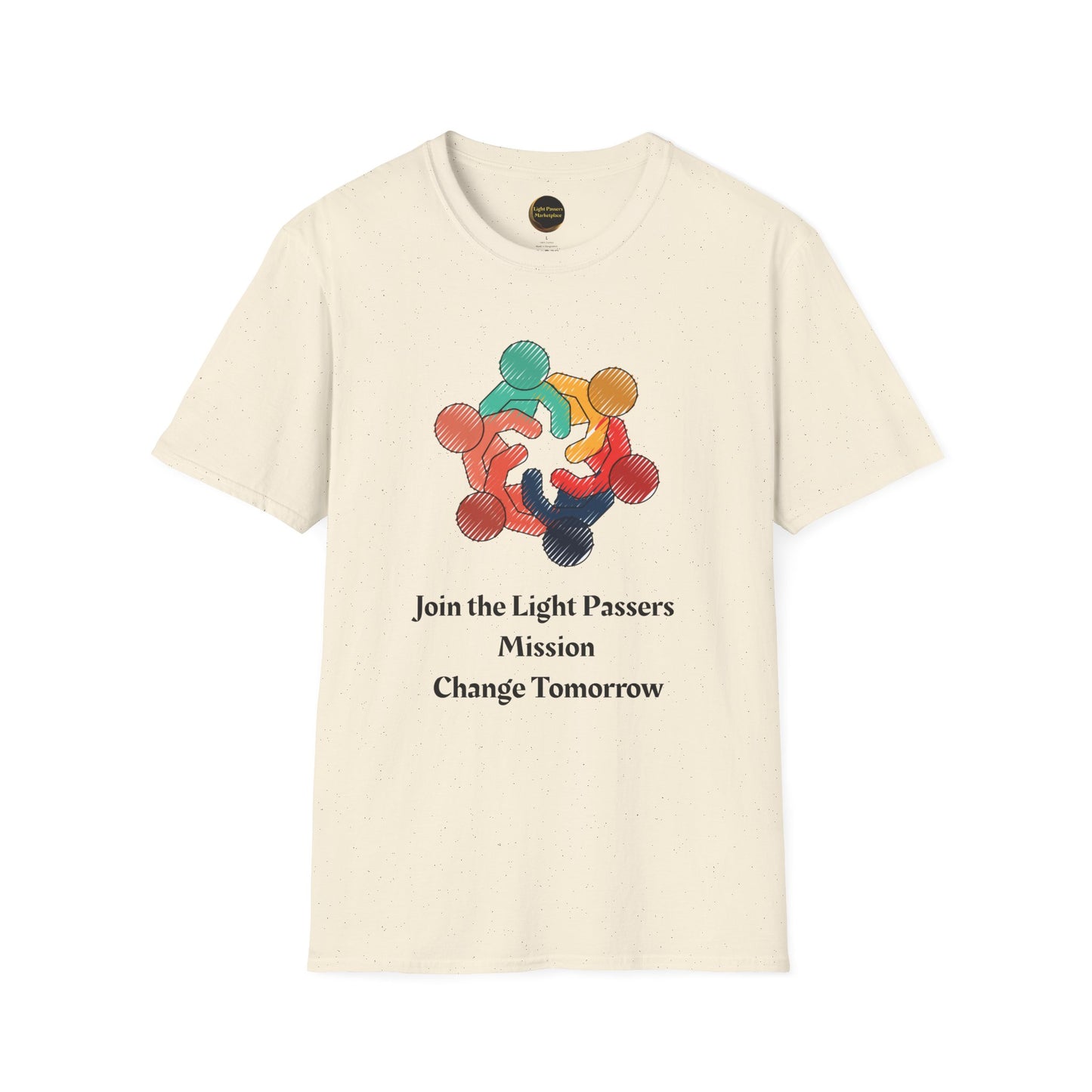 Cream T-shirt featuring six colorful figures in a circle with the slogan Join the Light Passers Mission Change Tomorrow, embodying unity and positive change.