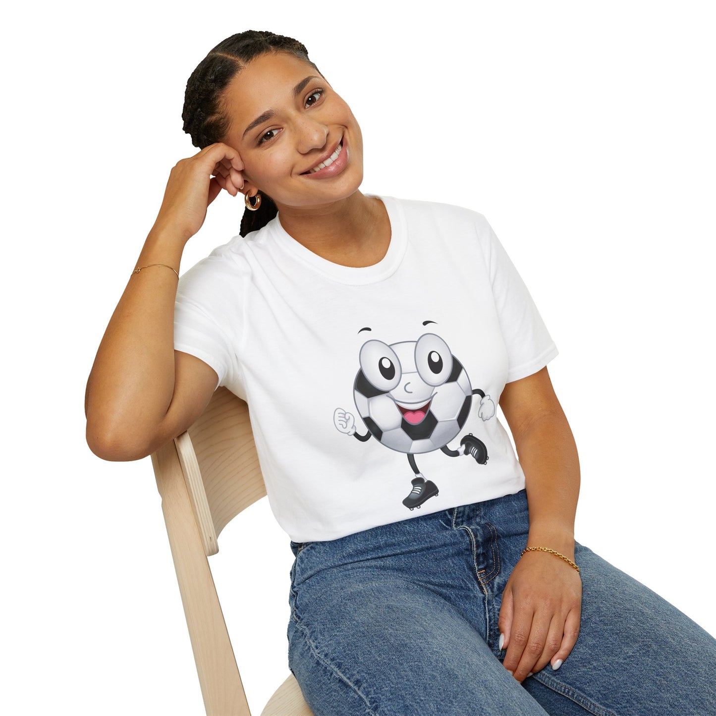 Adult Unisex Cute 'Go Team Go' Soccer T-Shirt — Soccer Ball Guy Cartoon SoccerTee (Great Gift)