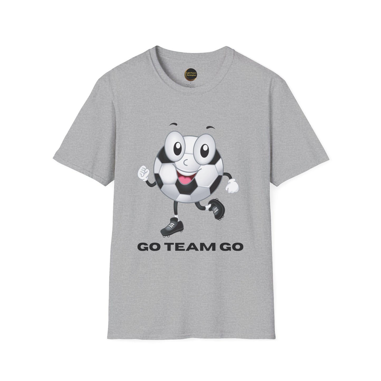 Adult Unisex Cute 'Go Team Go' Soccer T-Shirt — Soccer Ball Guy Cartoon SoccerTee (Great Gift)