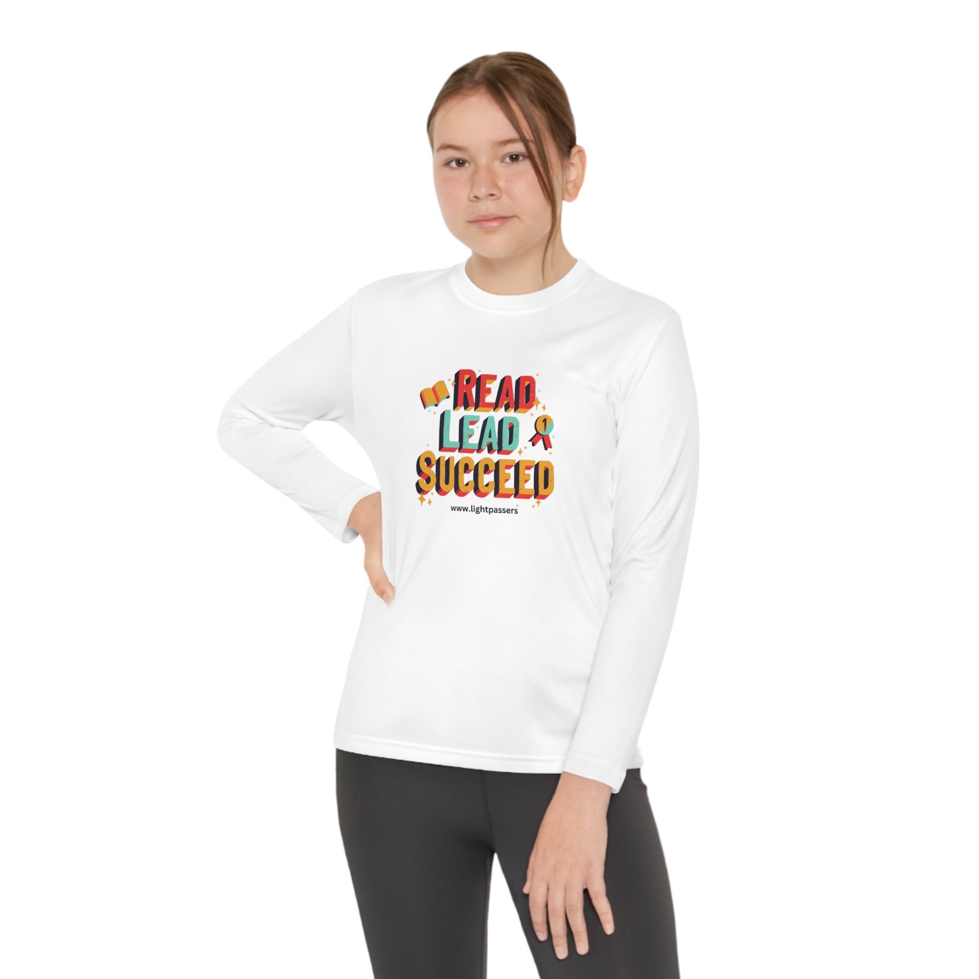 Long Sleeve Read Lead and Succeed Youth T-Shirt worn by a person, highlighting its athletic fit and moisture-wicking fabric, ideal for active youth.