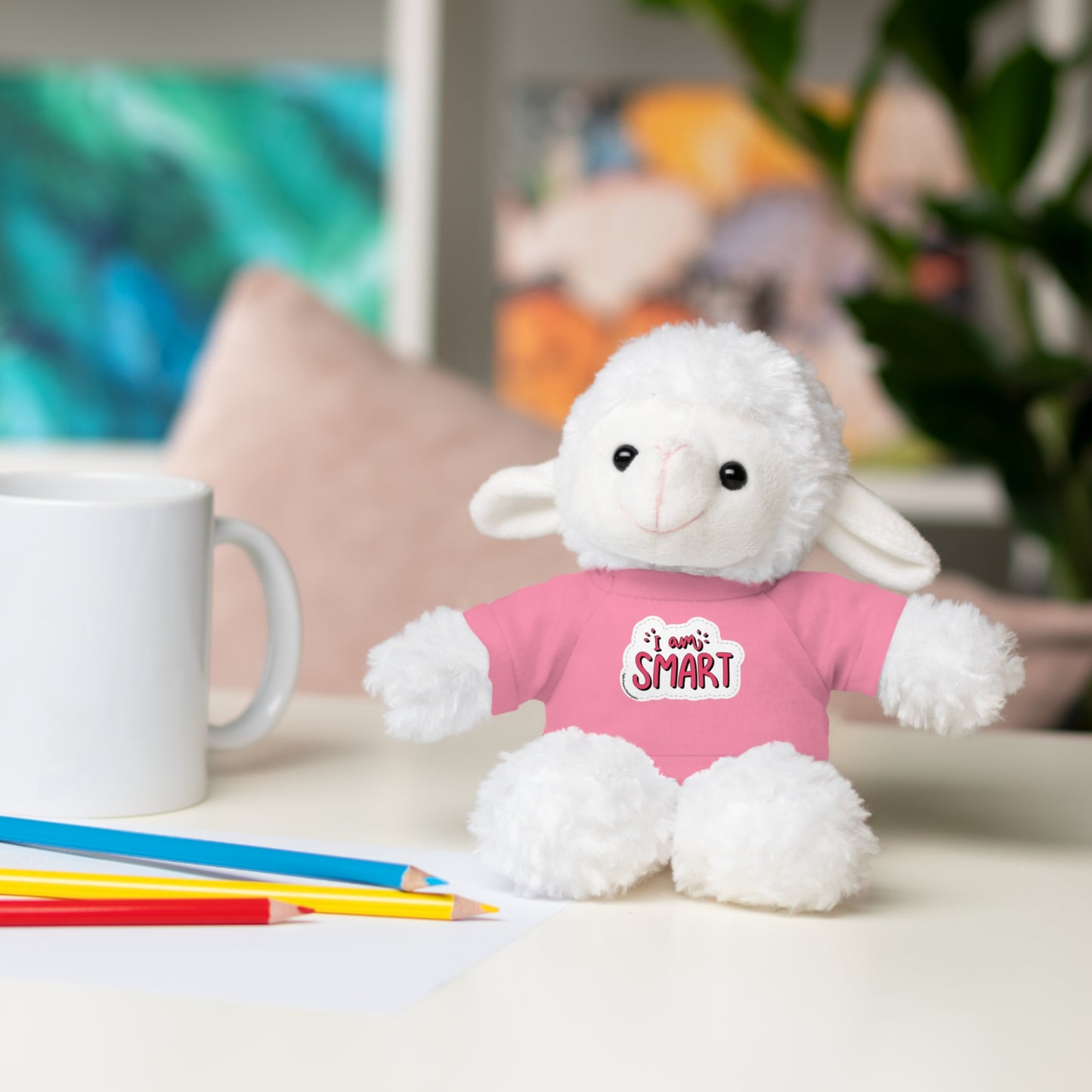 Cool Stuff Stuffies showcasing six plush animals with 'I am Smart' tees, ideal for educational play. Includes bear, sheep, bunny, jaguar, panda, and lion.