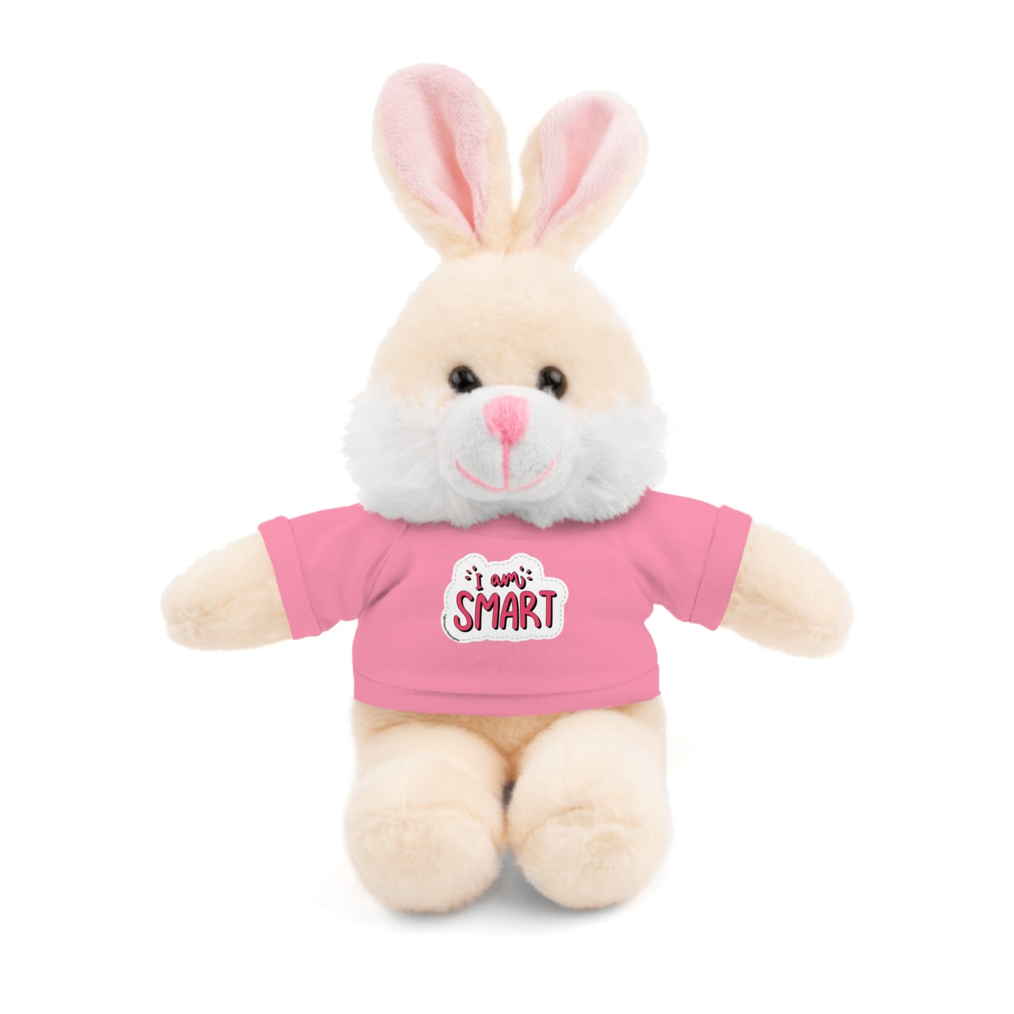 Stuffed bunny with I am Smart pink T-shirt, part of Cool Stuff Stuffies educational plushies collection, ideal for learning and play.