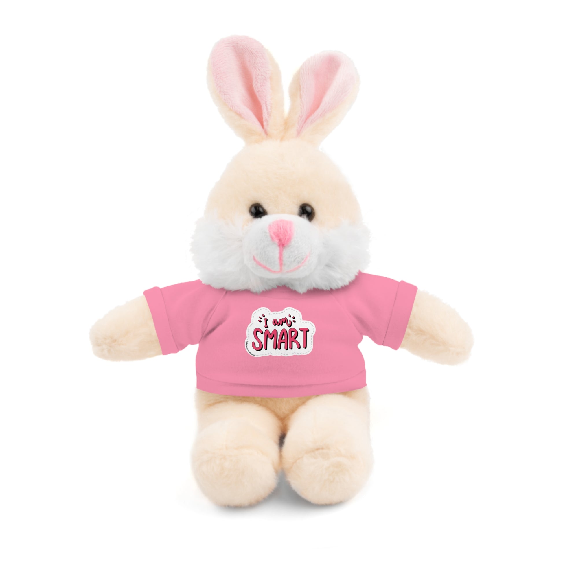 Stuffed bunny with I am Smart pink T-shirt, part of Cool Stuff Stuffies educational plushies collection, ideal for learning and play.