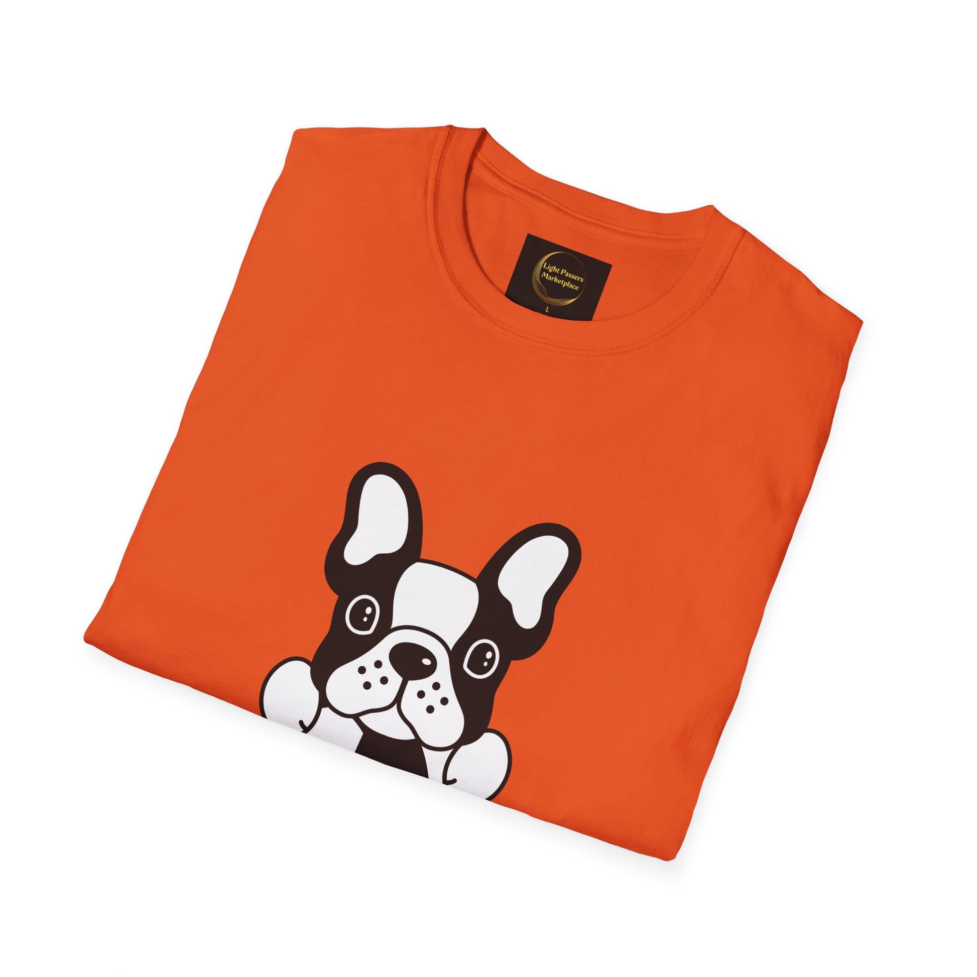Bright-orange Soccer Dog Unisex T-Shirt with a cartoon French bulldog design, emphasizing casual comfort and style, suitable for various occasions.