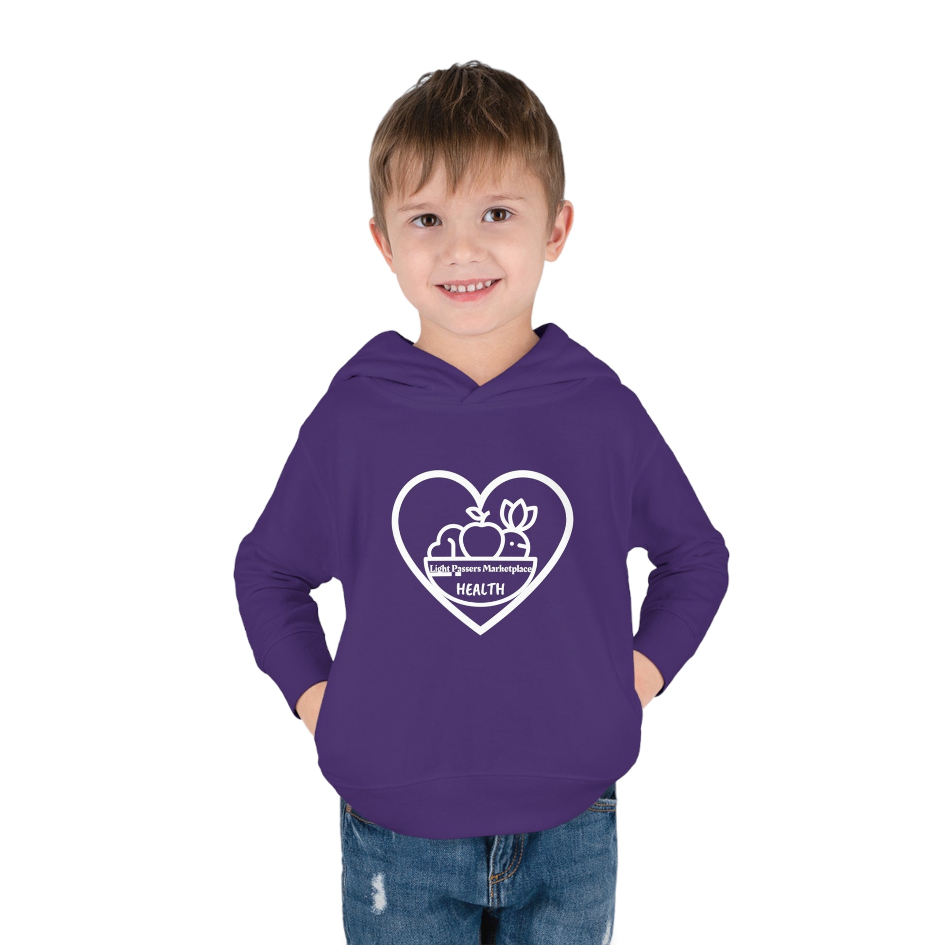 Toddler wearing a purple Fruit Basket hoodie with side seam pockets, double-needle hem hood, and cover-stitched details for durability and comfort.