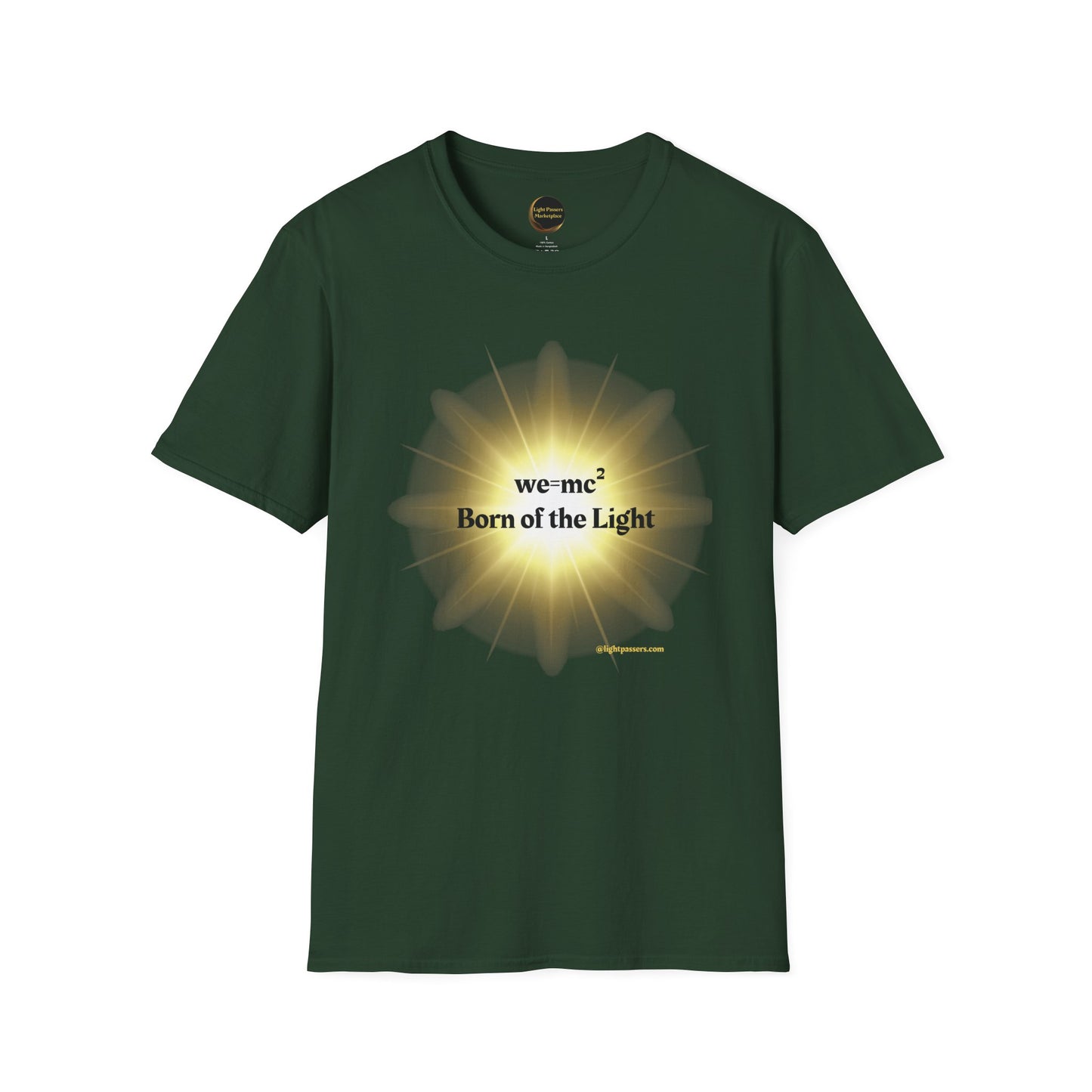 The Light 'we=mc2' Born of the Light Adult Unisex T-Shirt featuring a yellow sun graphic with inspirational text, ideal for science enthusiasts.