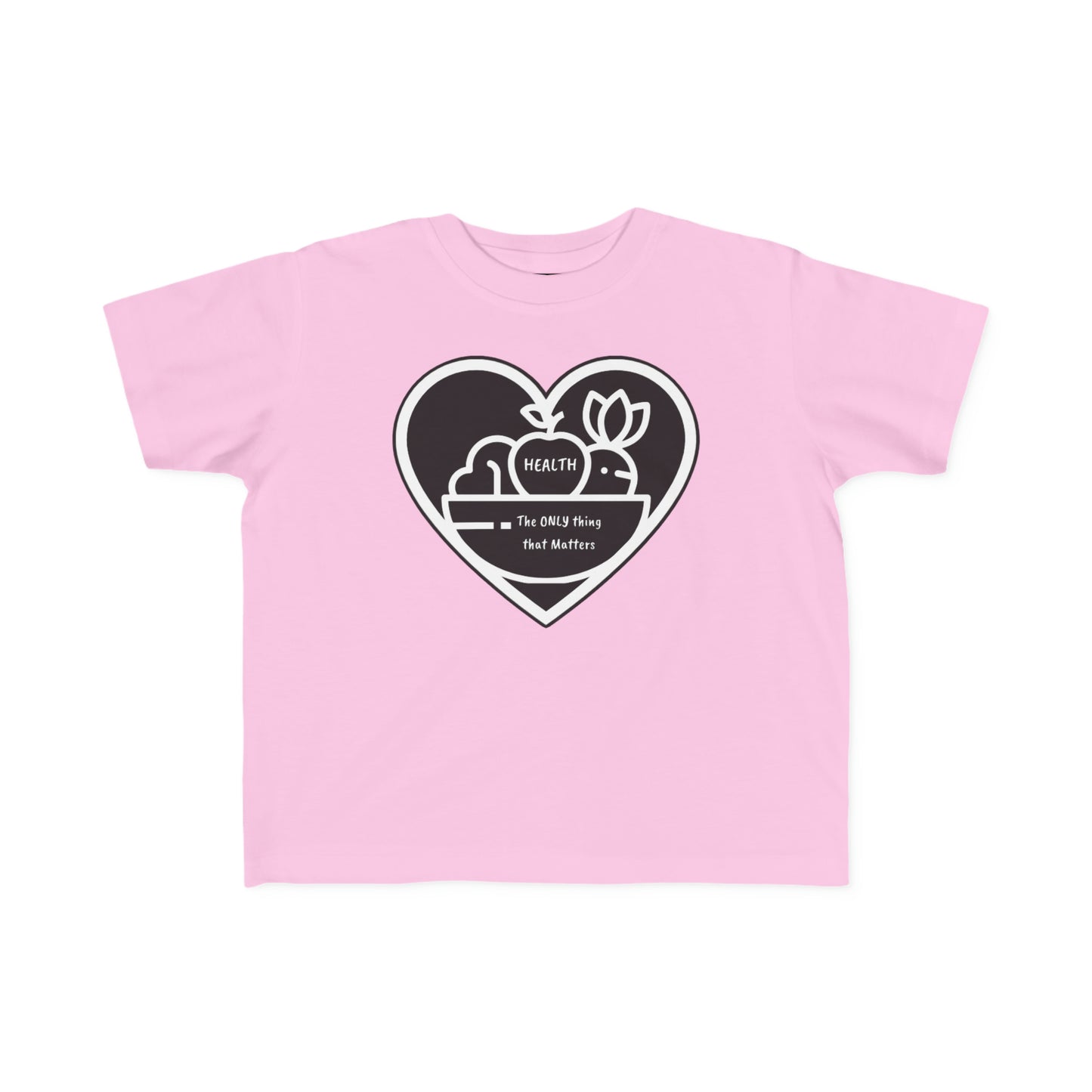 A toddler's Fruit Basket T-shirt with heart and floral design, featuring a durable print on soft, 100% combed cotton fabric. Classic fit, tear-away label, perfect for sensitive skin.