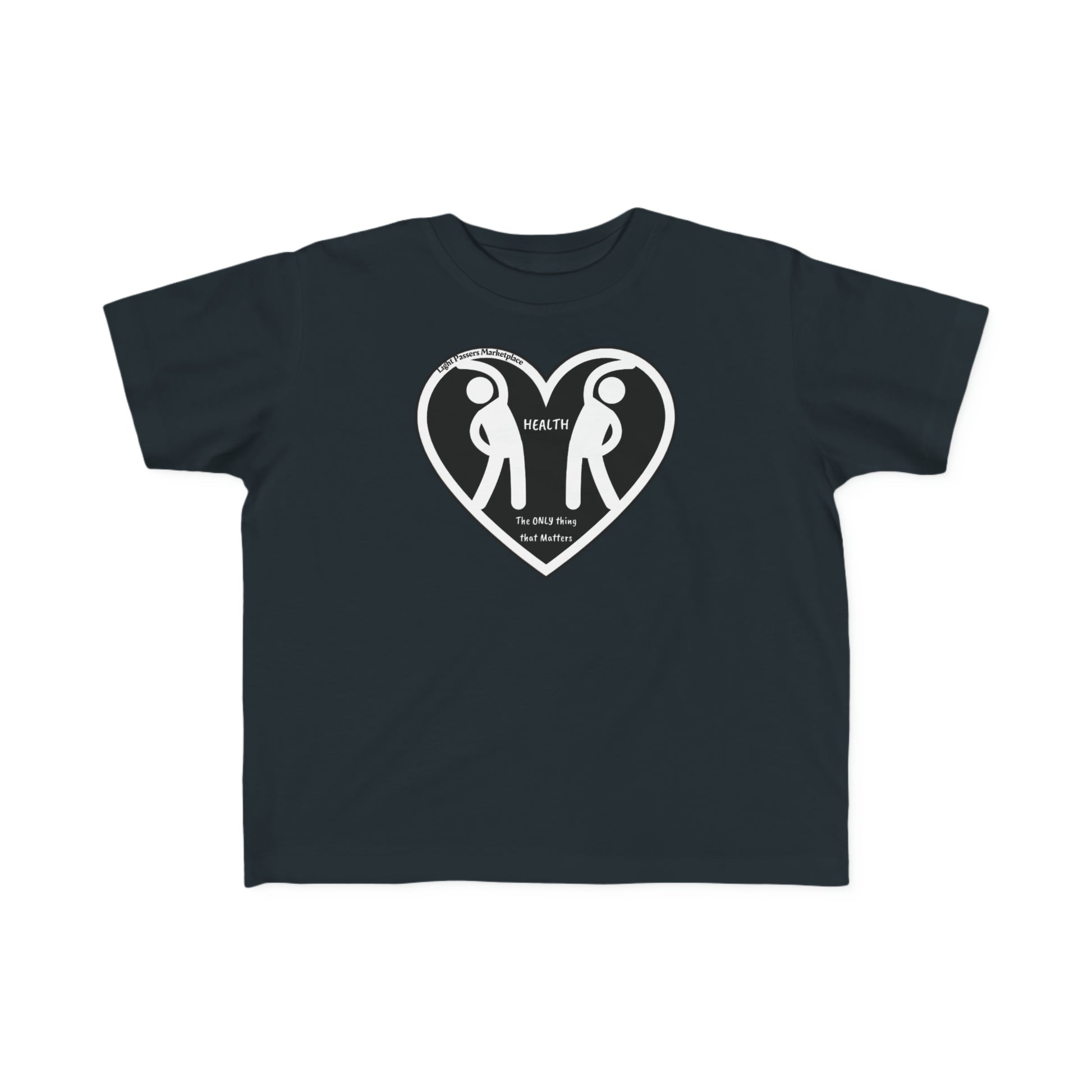 A black toddler T-shirt featuring two figures in a heart design, made of soft, durable cotton for sensitive skin. Classic fit, tear-away label, 4.5 oz/yd² fabric.