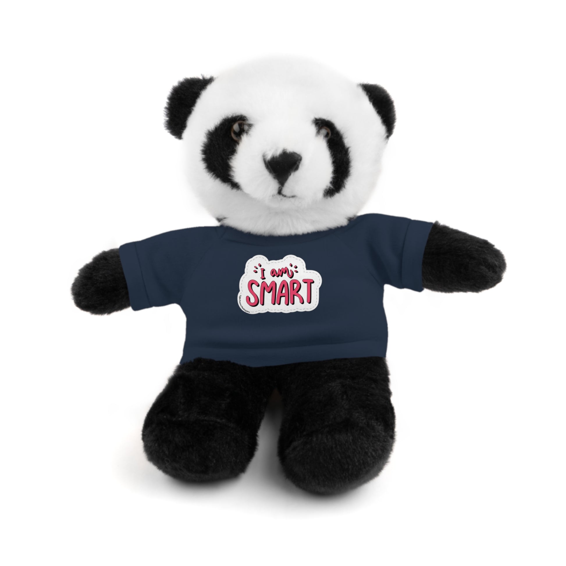 Stuffed panda bear wearing a blue shirt with I am Smart message, part of Cool Stuff Stuffies collection of 6 educational plush animals.