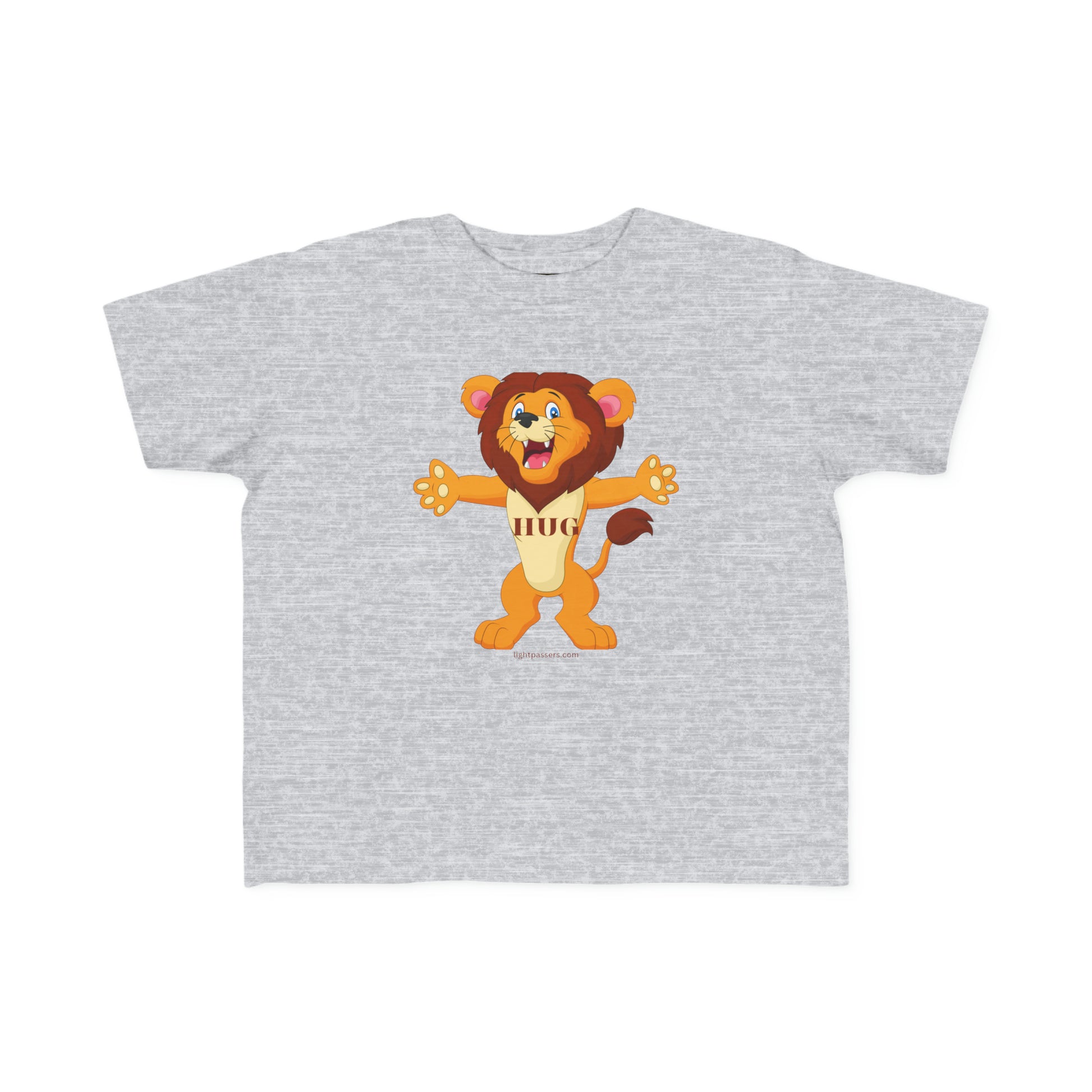 A toddler's tee featuring a cartoon lion with an open mouth. Soft 100% combed cotton, light fabric, durable print. Classic fit, tear-away label. Ideal for sensitive skin.