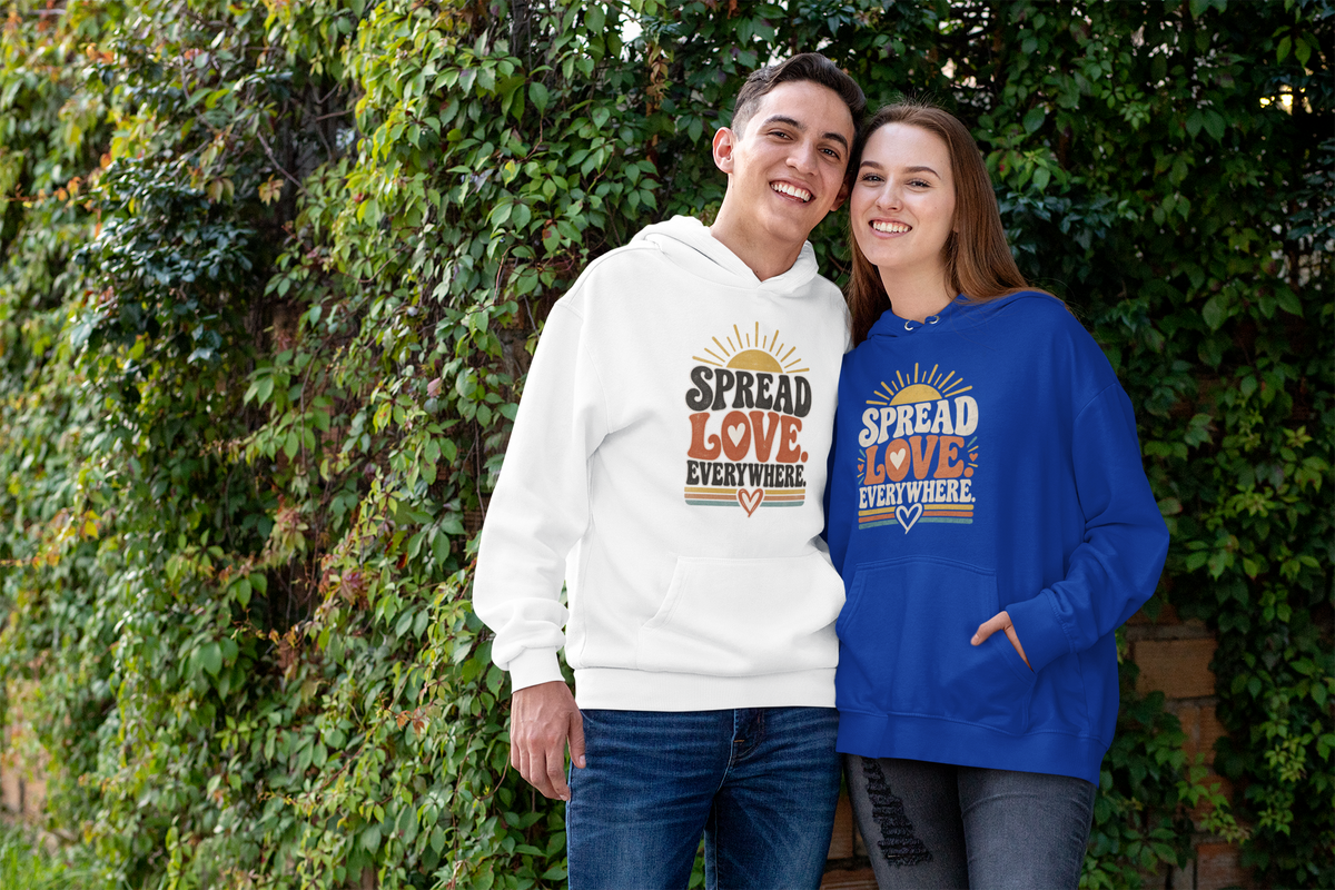 Adult Unisex Spread Love Everywhere Hoodie — Retro Sun Heart Graphic