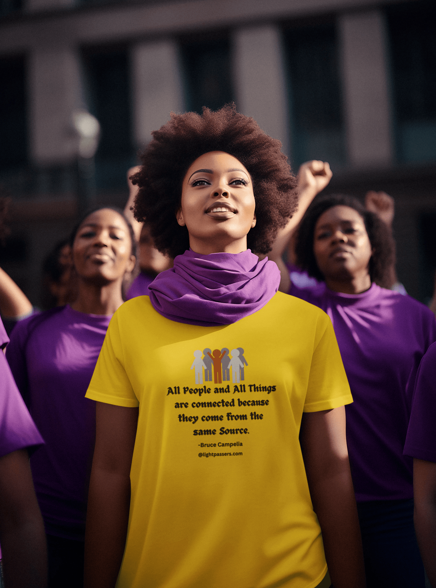 A group of women in purple shirts, one wearing a yellow shirt with a purple scarf, showcasing the All People are Connected red and gray design Unisex T-shirt.