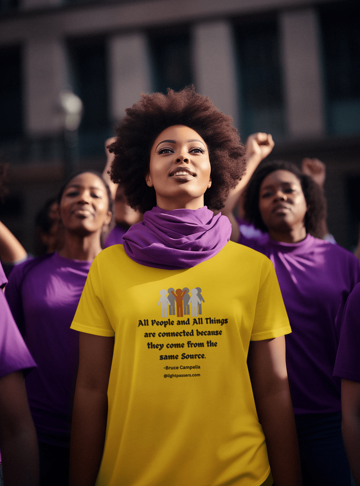 A group of women in purple shirts, one wearing a yellow shirt with a purple scarf, showcasing the All People are Connected red and gray design Unisex T-shirt.