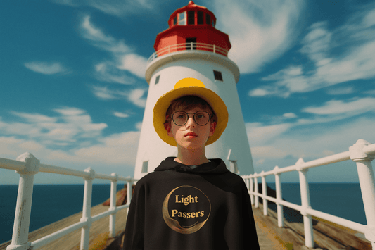 A boy in a yellow hat and glasses stands by a lighthouse on a dock. The image features a close-up of the Light Passers logo youth hooded sweatshirt with kangaroo pocket.