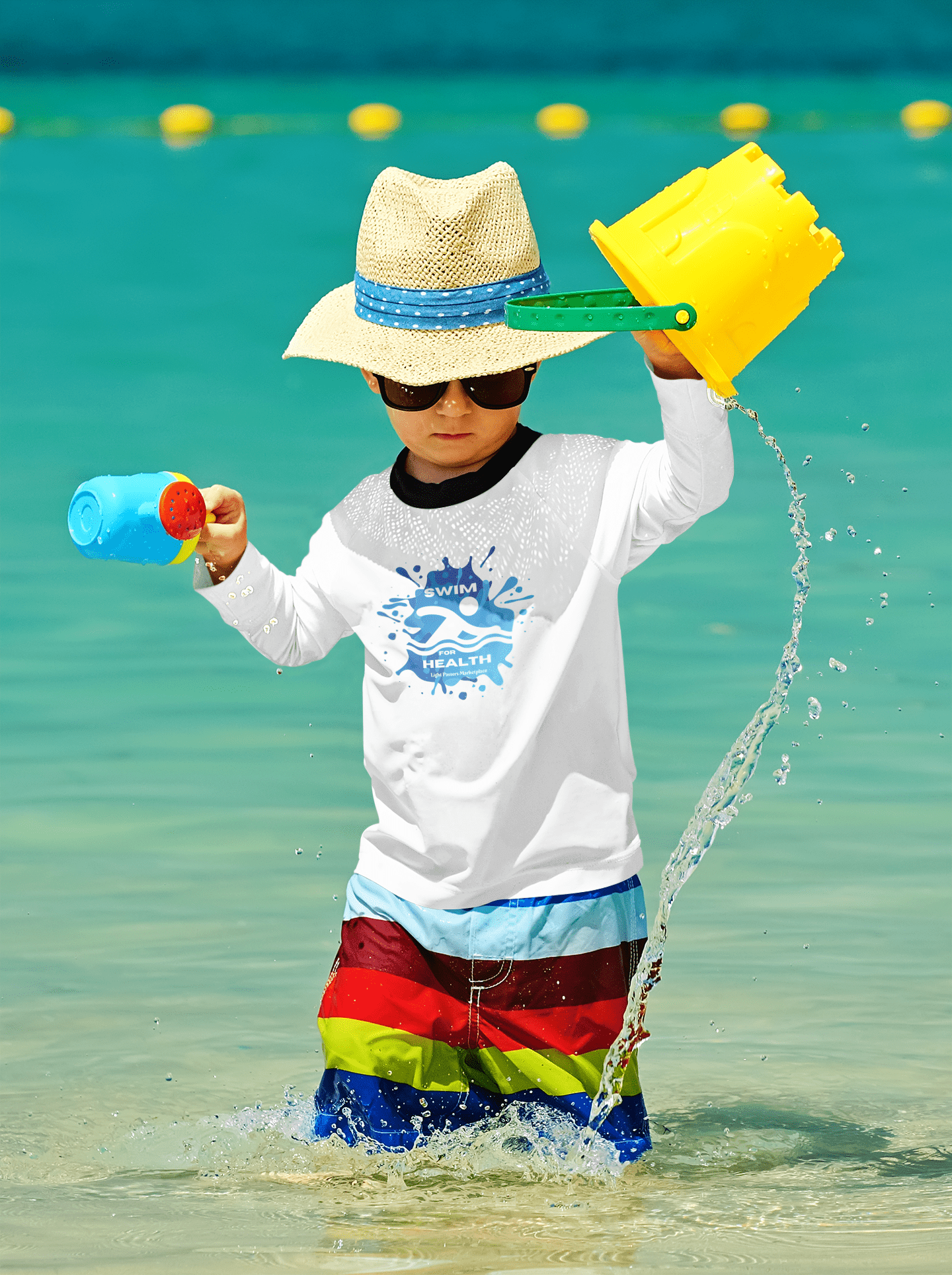 A boy in a sun hat and sunglasses plays with water, holding a toy bucket. Swim for Health Toddler Long Sleeve T-shirt, 100% cotton, durable, with ribbed collar.