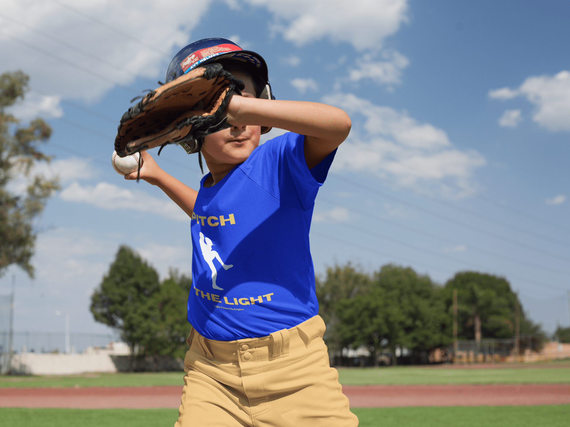 A boy in a baseball uniform swinging a bat, holding a baseball glove. A close-up of the baseball glove and baseball. Youth T-shirt, 100% cotton, midweight fabric, tear-away label, classic fit.