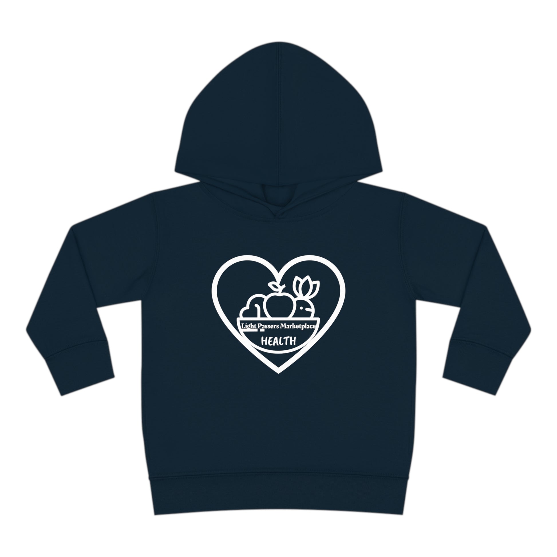 A Rabbit Skins Fruit Basket Toddler Hoodie in blue, featuring a heart and fruit design. Jersey-lined hood, double-needle stitching, side seam pockets for cozy durability. Made of 60% cotton, 40% polyester.