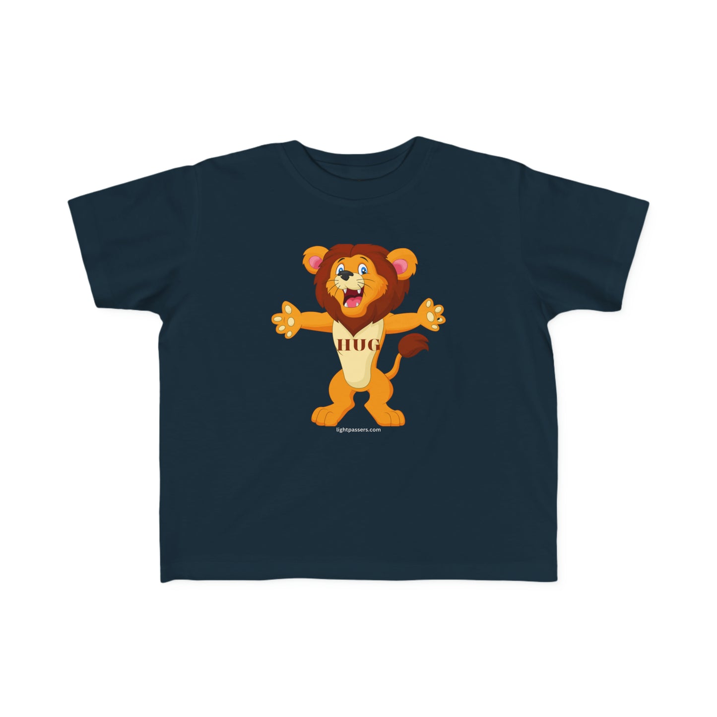 A toddler's Hug Lion T-shirt featuring a cartoon lion with blue eyes and whiskers on a blue tee. Soft, durable 100% combed cotton, tear-away label, classic fit.