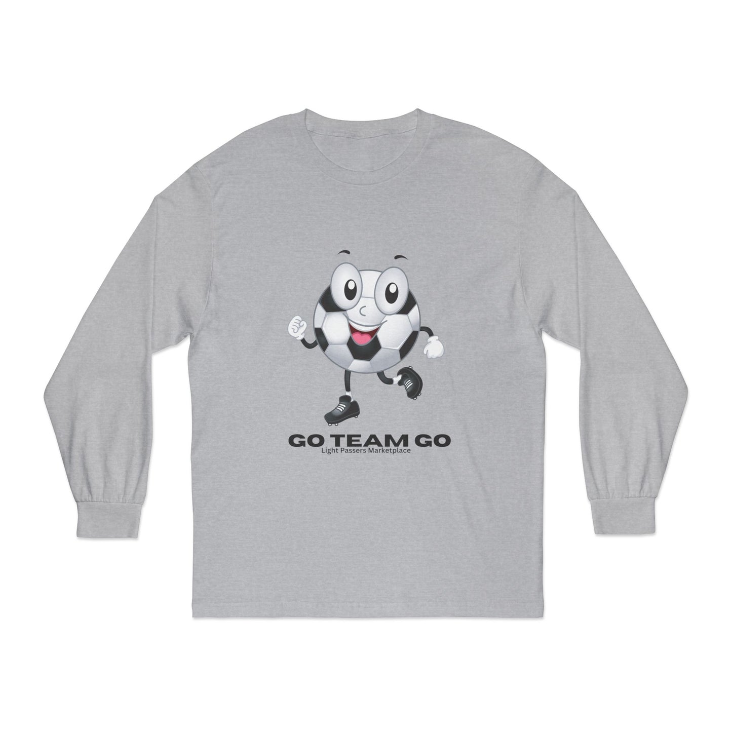 Heather-gray long-sleeve T-shirt featuring a cheerful soccer-ball character with GO TEAM GO slogan, ideal for sports fans. Unisex design, Light Passers Marketplace branding.