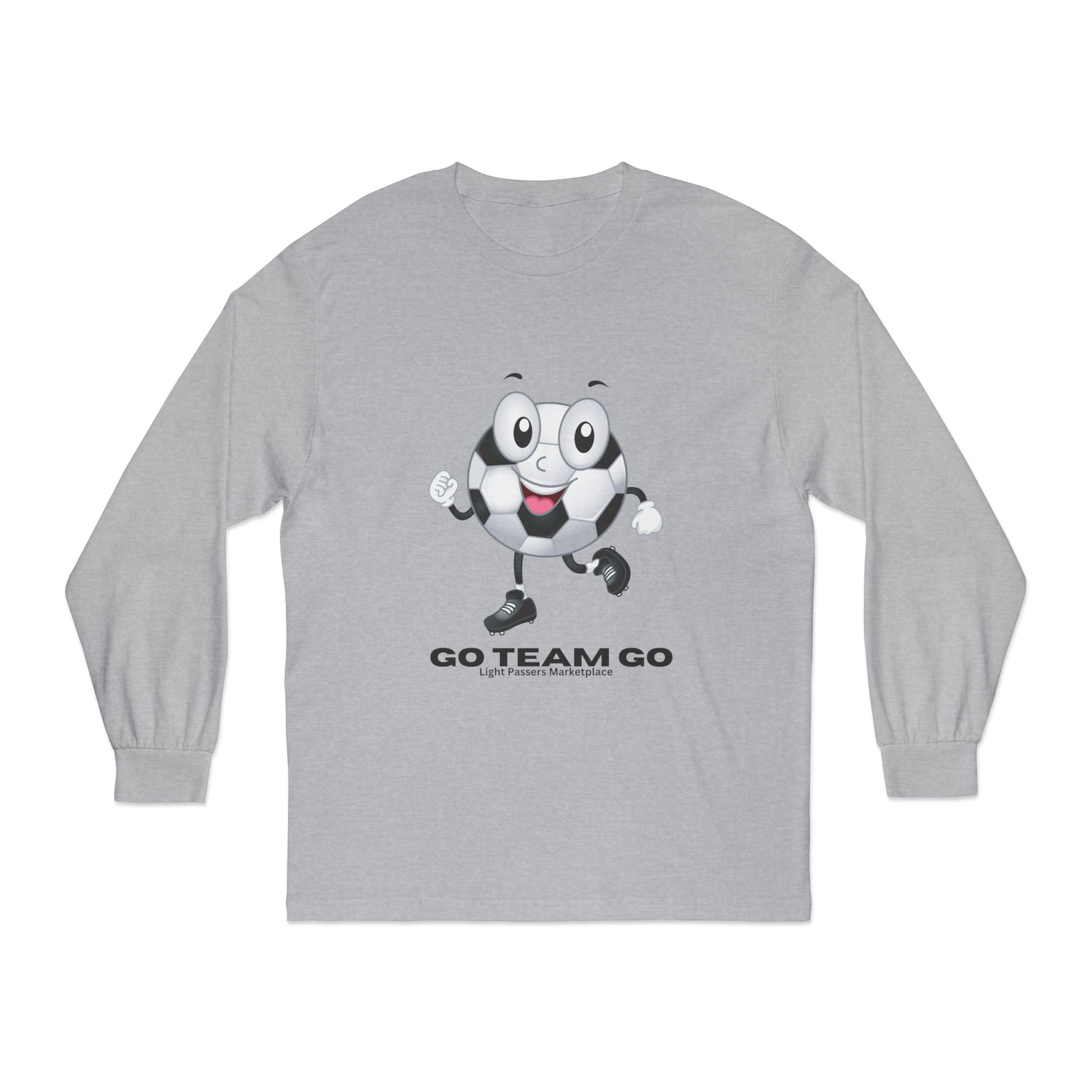 Heather-gray long-sleeve T-shirt featuring a cheerful soccer-ball character with GO TEAM GO slogan, ideal for sports fans. Unisex design, Light Passers Marketplace branding.