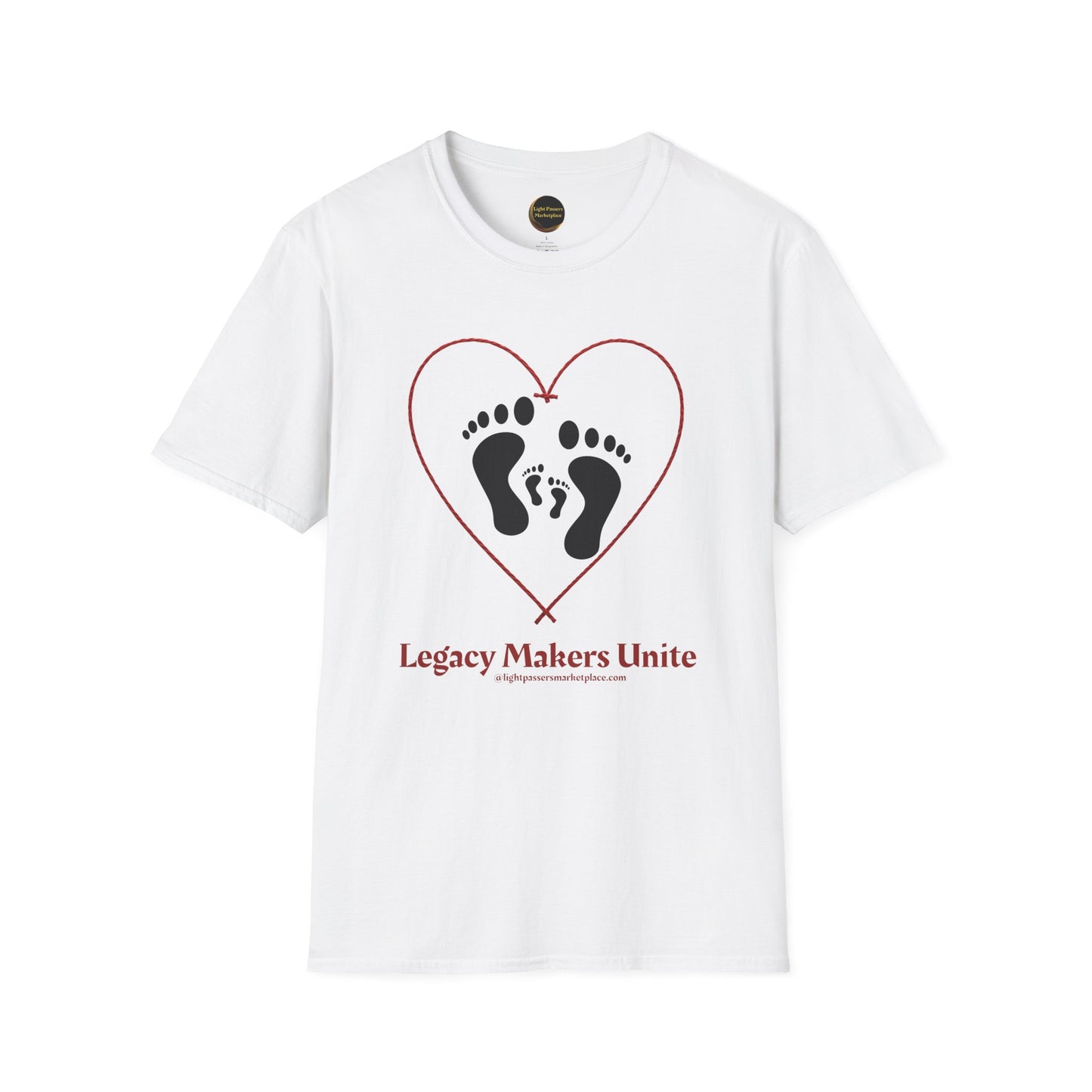 Legacy Makers Unite T-Shirt featuring a red heart and footprints design, symbolizing love and legacy, with slogan and website credit, unisex and ethically produced.