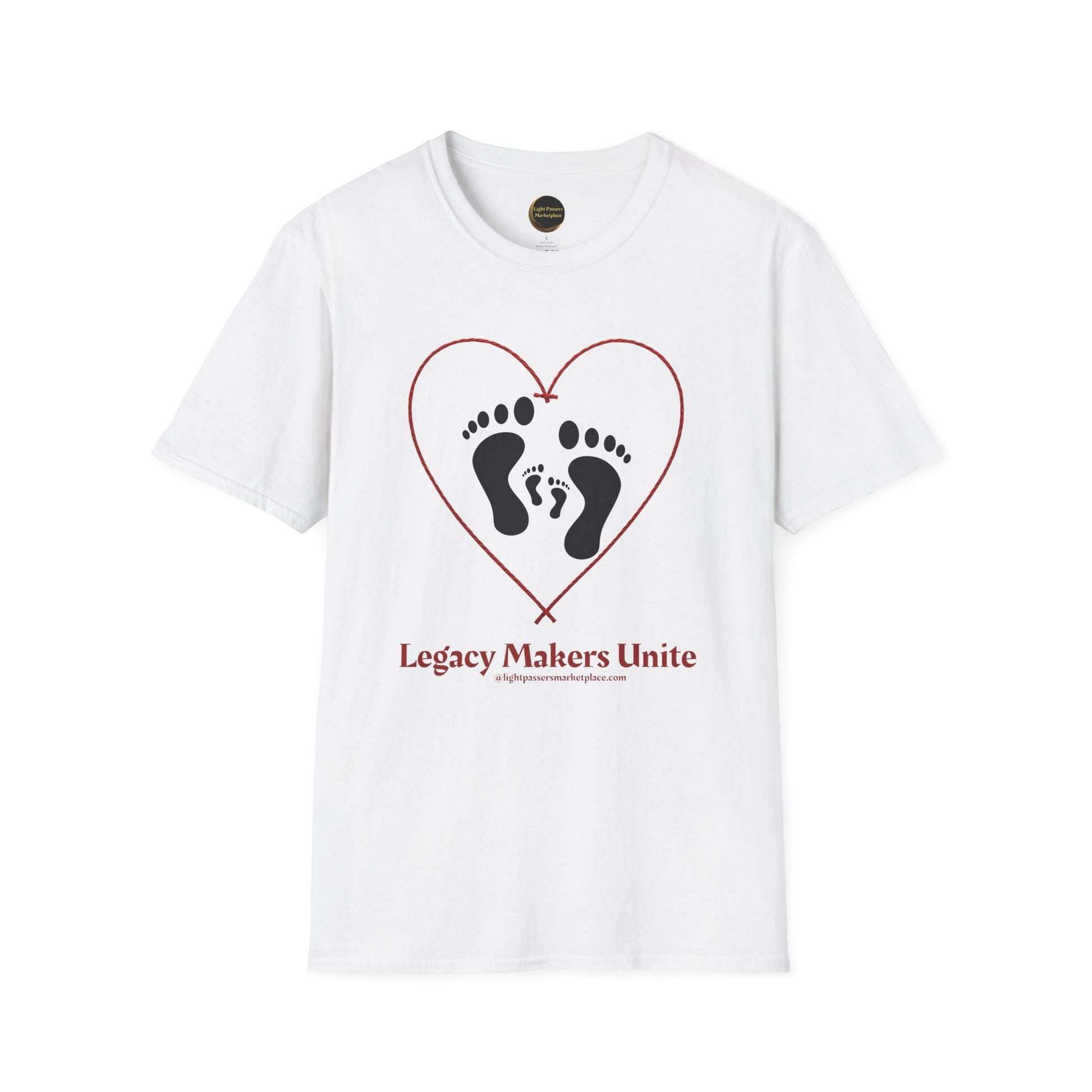 Legacy Makers Unite T-Shirt featuring a red heart and footprints design, symbolizing love and legacy, with slogan and website credit, unisex and ethically produced.