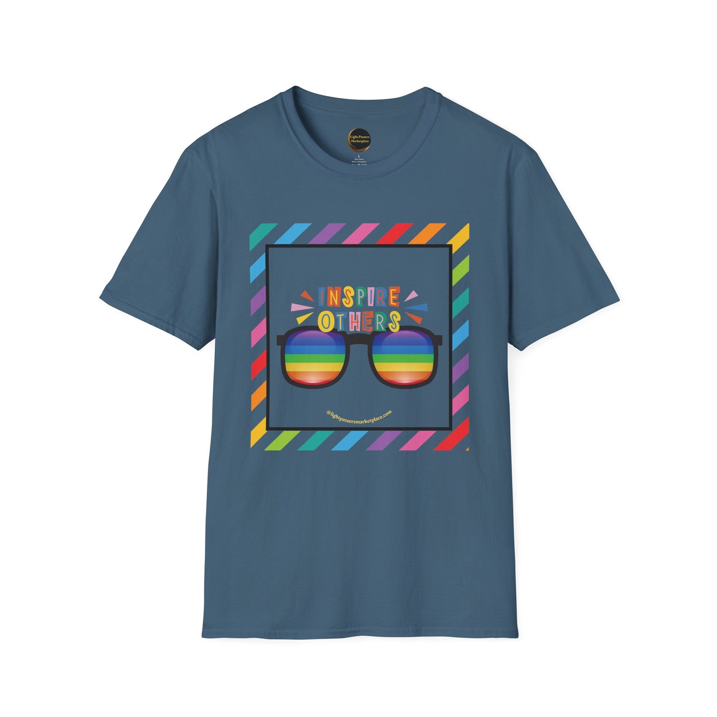 The Light Inspire Others Look through colored Light T-Shirt, a unisex softstyle tee with a vibrant design promoting positivity and individuality.