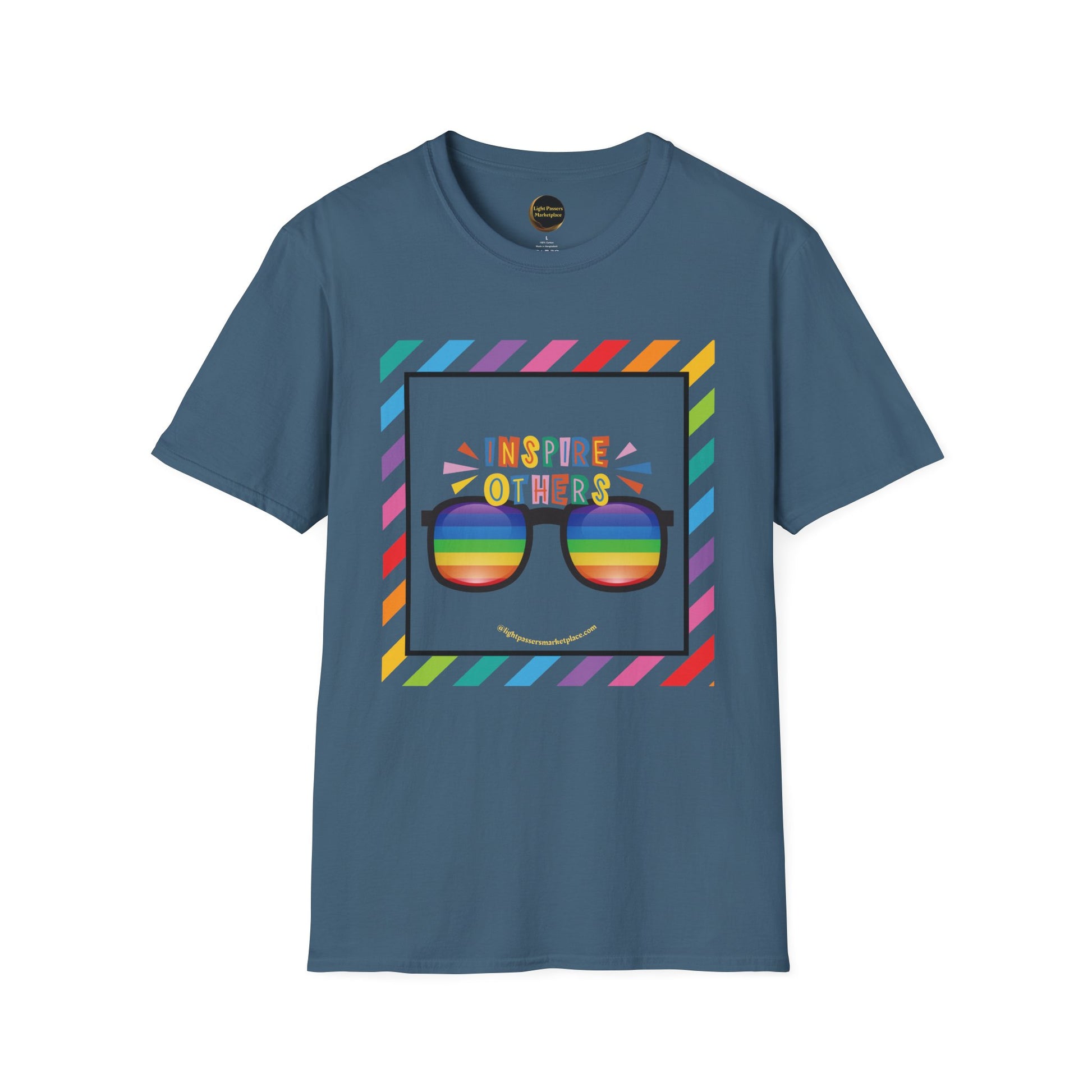 The Light Inspire Others Look through colored Light T-Shirt, a unisex softstyle tee with a vibrant design promoting positivity and individuality.