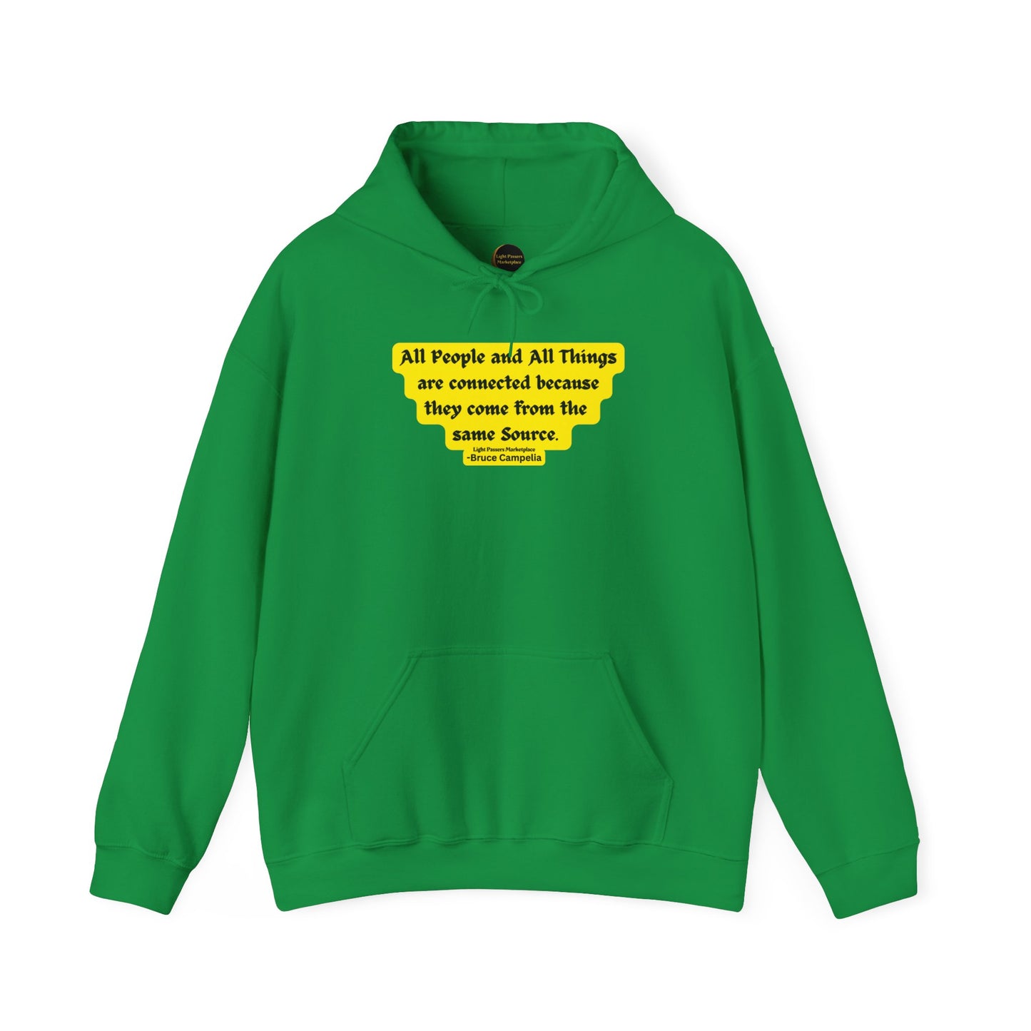 A green hooded sweatshirt with a kangaroo pocket and drawstring, made of 50% cotton and 50% polyester for a cozy, warm feel. Unisex and ethically produced by Gildan.