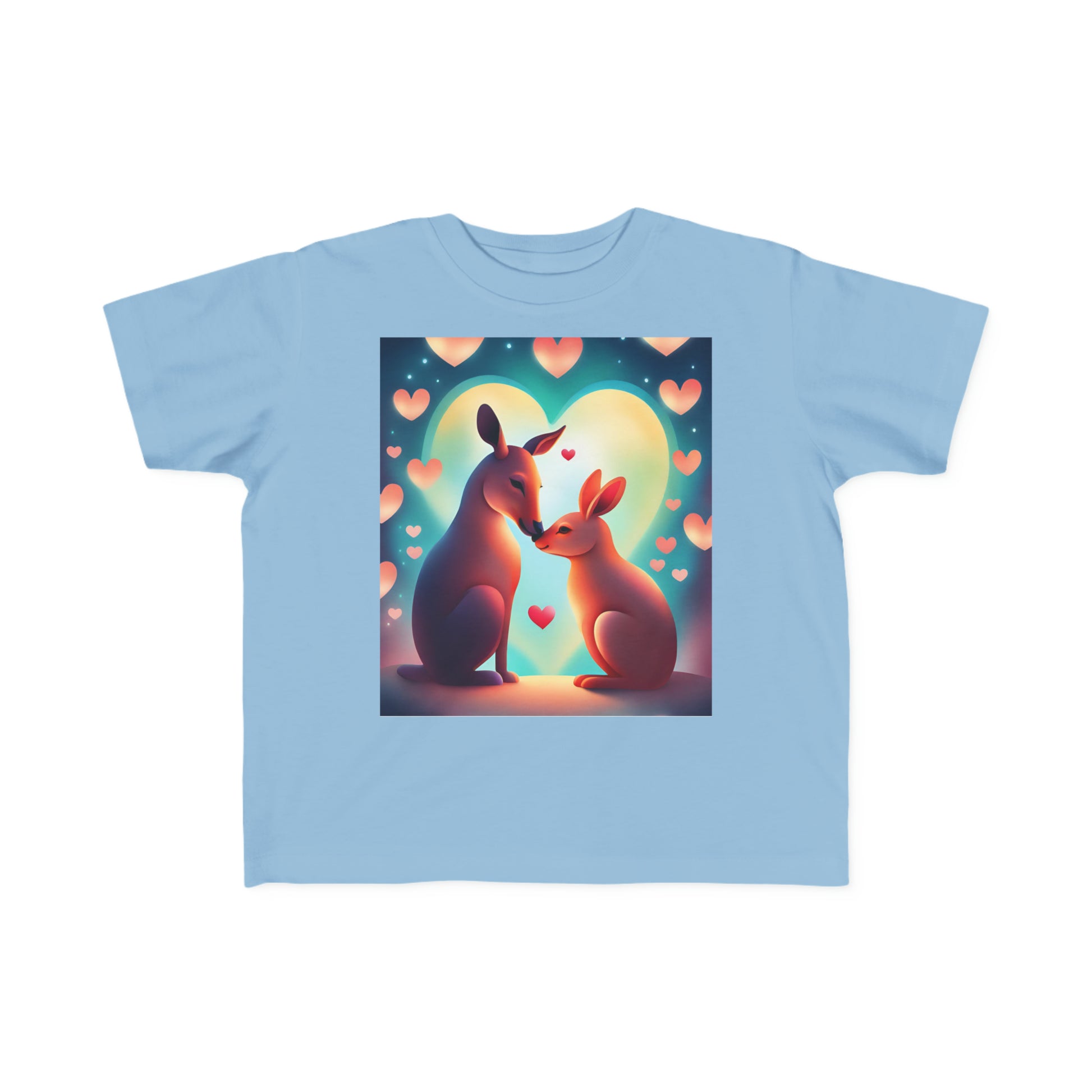 A toddler's tee featuring two kangaroos in front of hearts, embodying love and tenderness. Made of soft 100% combed cotton, with durable print and tear-away label.